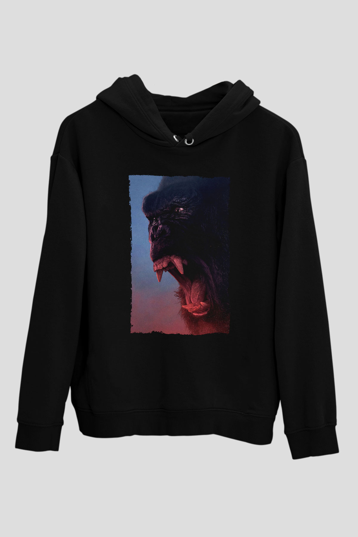 Unisex Kong Kafatası Adası (Kong Skull Island) Baskılı Siyah Kapüşonlu Sweatshirt