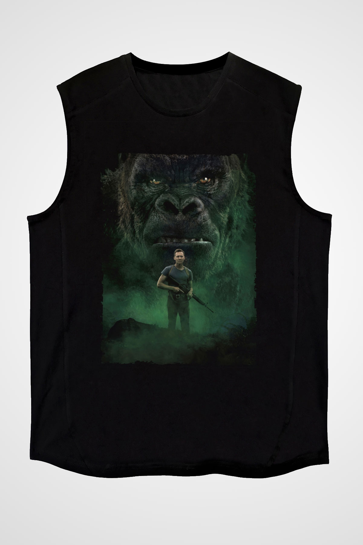 Unisex Kong Kafatası Adası (Kong Skull Island) Baskılı Siyah Unisex Kolsuz T-shirt
