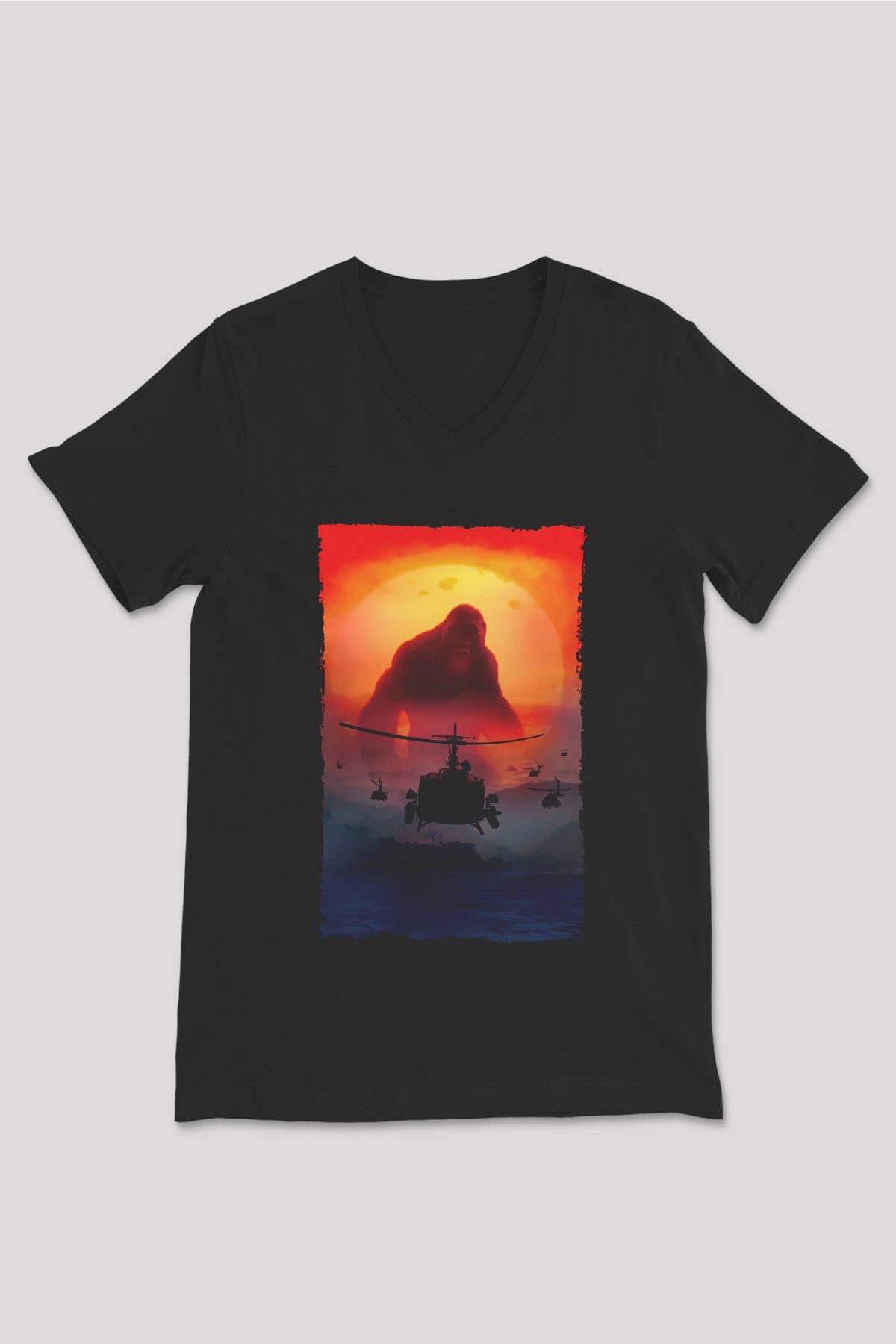 Unisex Kong Kafatası Adası (Kong Skull Island) Baskılı Siyah Unisex V Yaka Tshirt