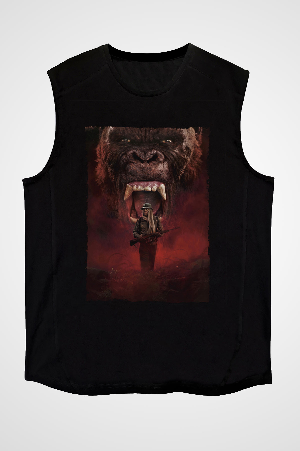 Unisex Kong Kafatası Adası (Kong Skull Island) Baskılı Siyah Kolsuz Tshirt