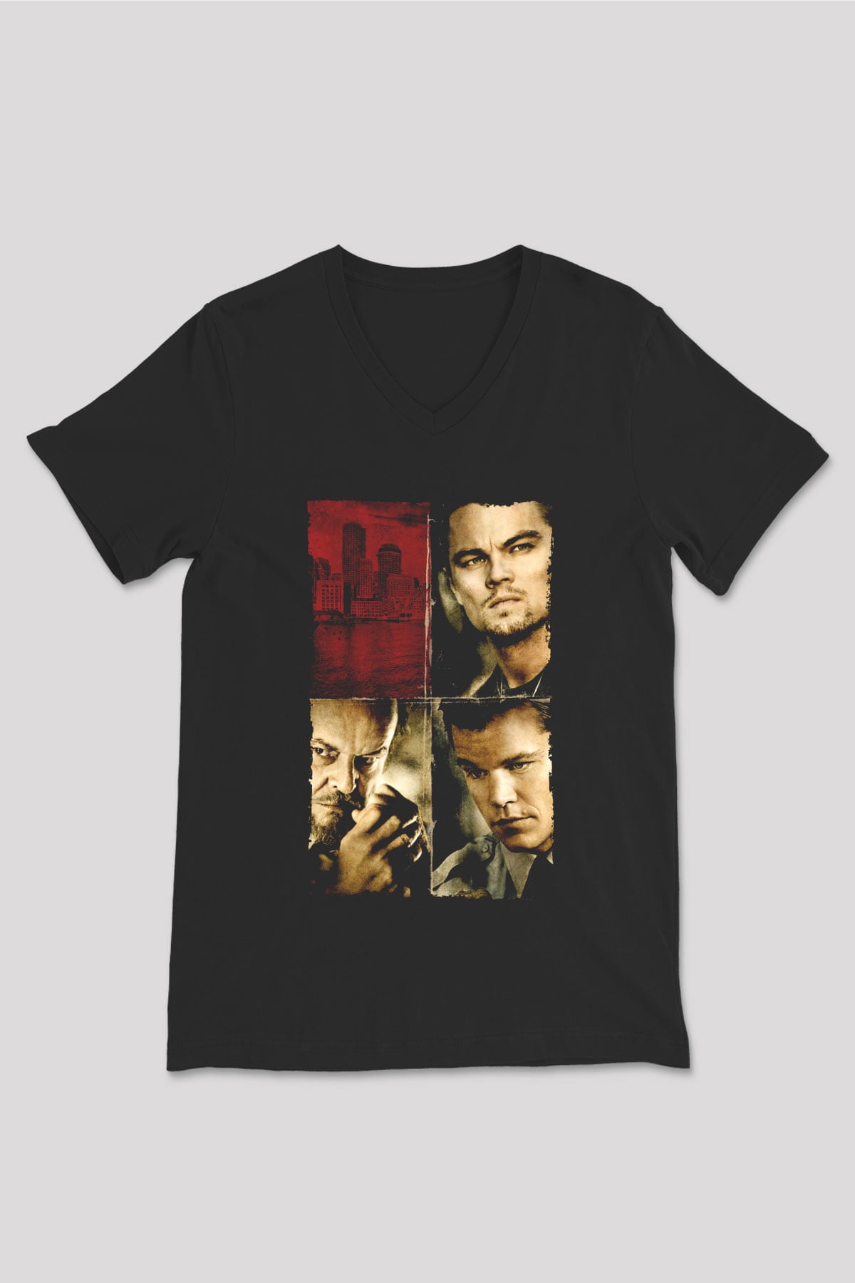 Unisex Köstebek (The Departed) Baskılı Siyah V Yaka T-shirt