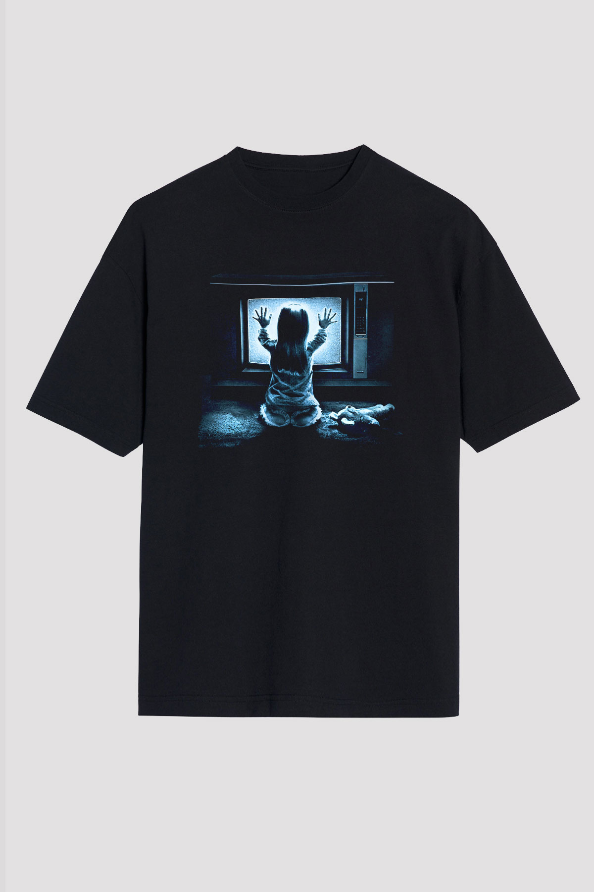 Unisex Kötü Ruh (Poltergeist) Baskılı Siyah Oversize T-shirt