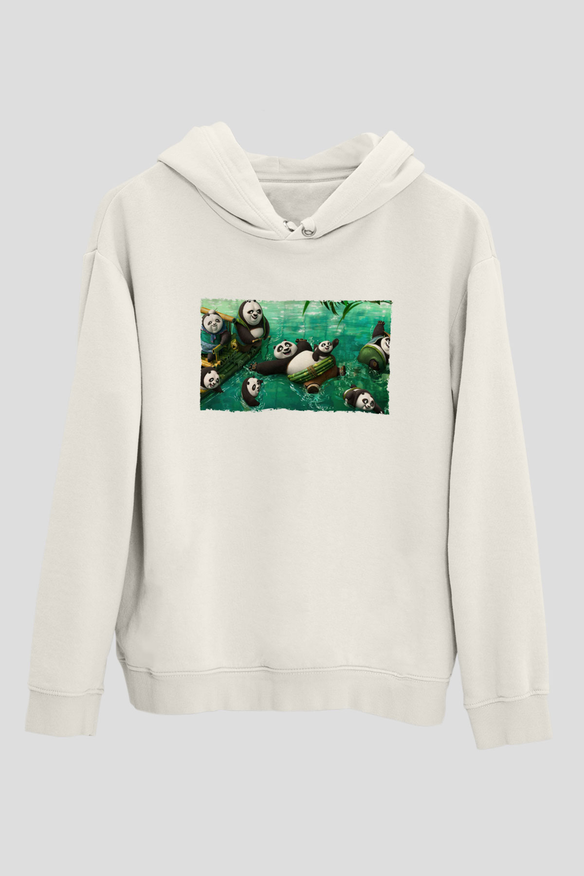 Unisex Kung Fu Panda Baskılı Beyaz Kapüşonlu Sweatshirt