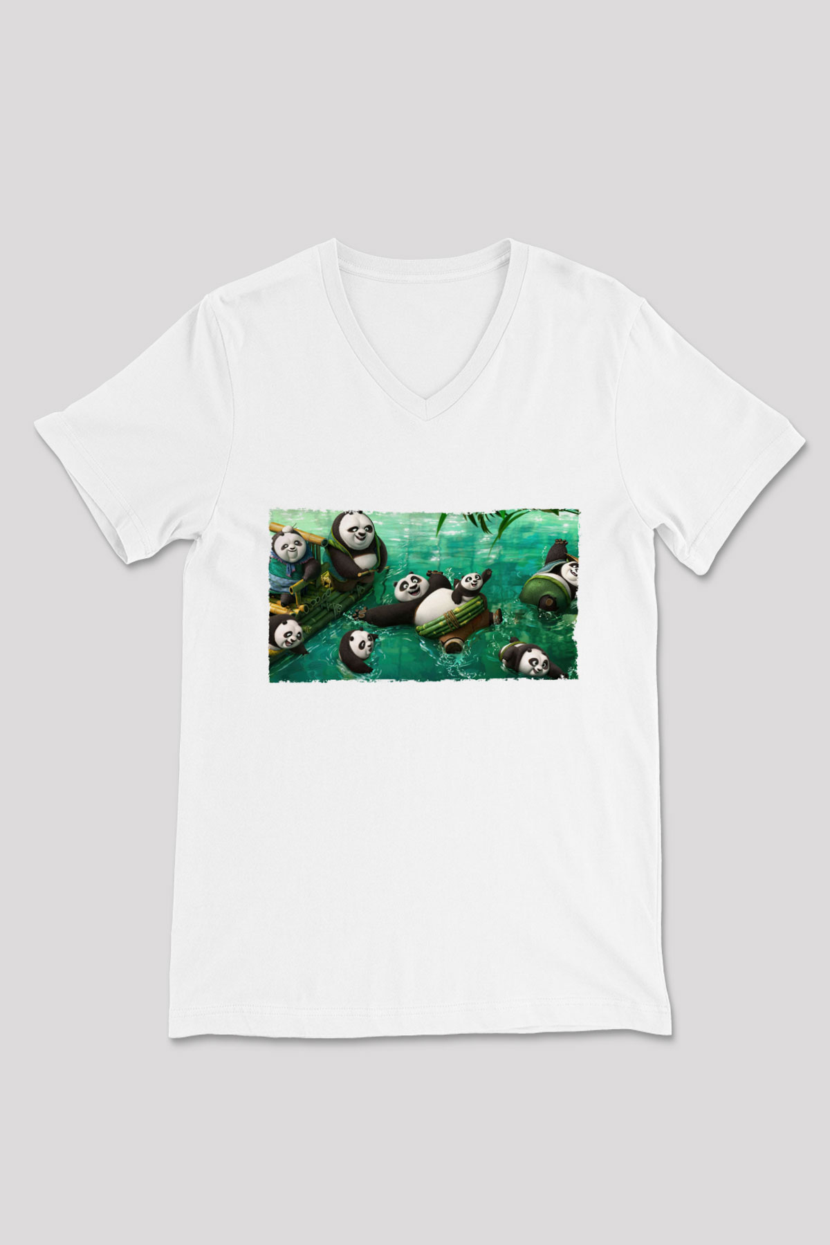 Unisex Kung Fu Panda Baskılı Beyaz V Yaka Tişört