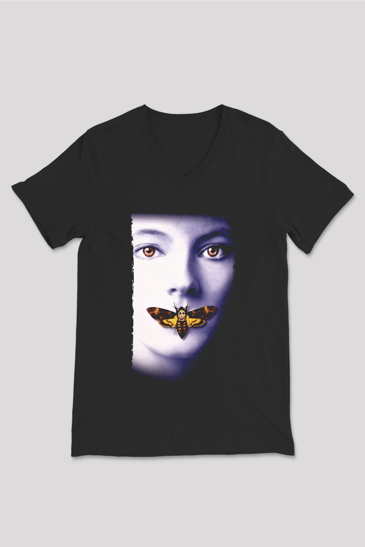 Unisex Kuzuların Sessizliği (The Silence of the Lambs) Baskılı Siyah V Yaka Tişört