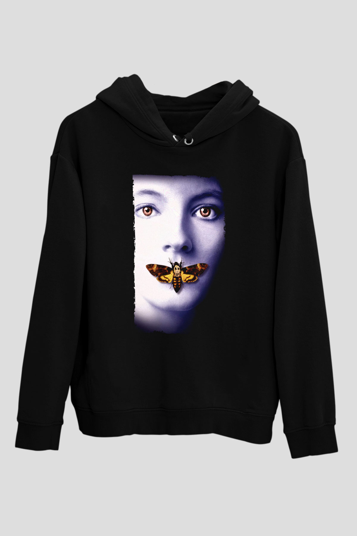 Unisex Kuzuların Sessizliği (The Silence of the Lambs) Baskılı Siyah Kapüşonlu Sweatshirt