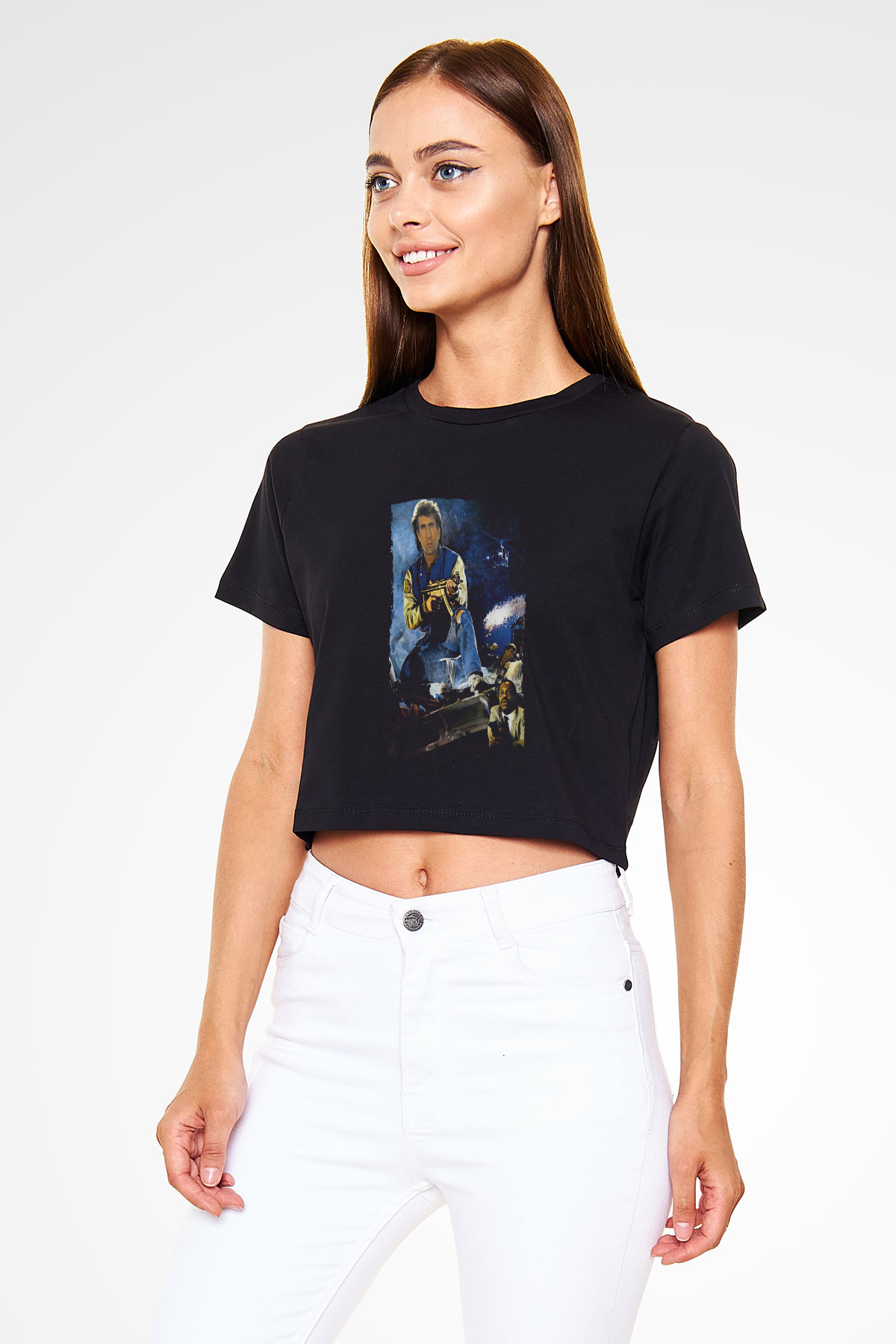 Unisex Lethal Weapon Baskılı Siyah Crop Top T-shirt