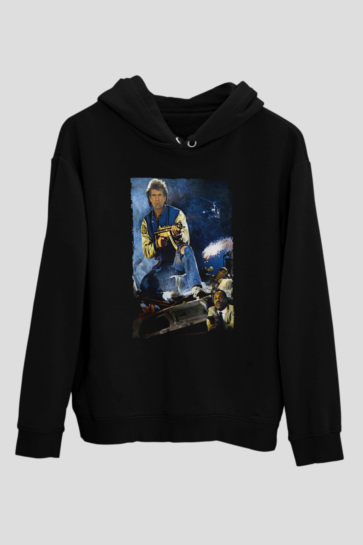 Unisex Lethal Weapon Baskılı Siyah Kapüşonlu Sweatshirt
