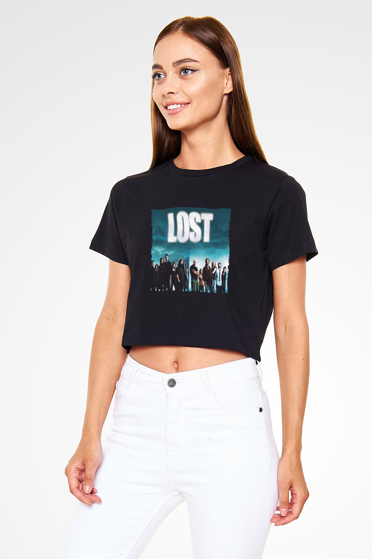 Unisex Lost Baskılı Siyah Crop Top Tshirt