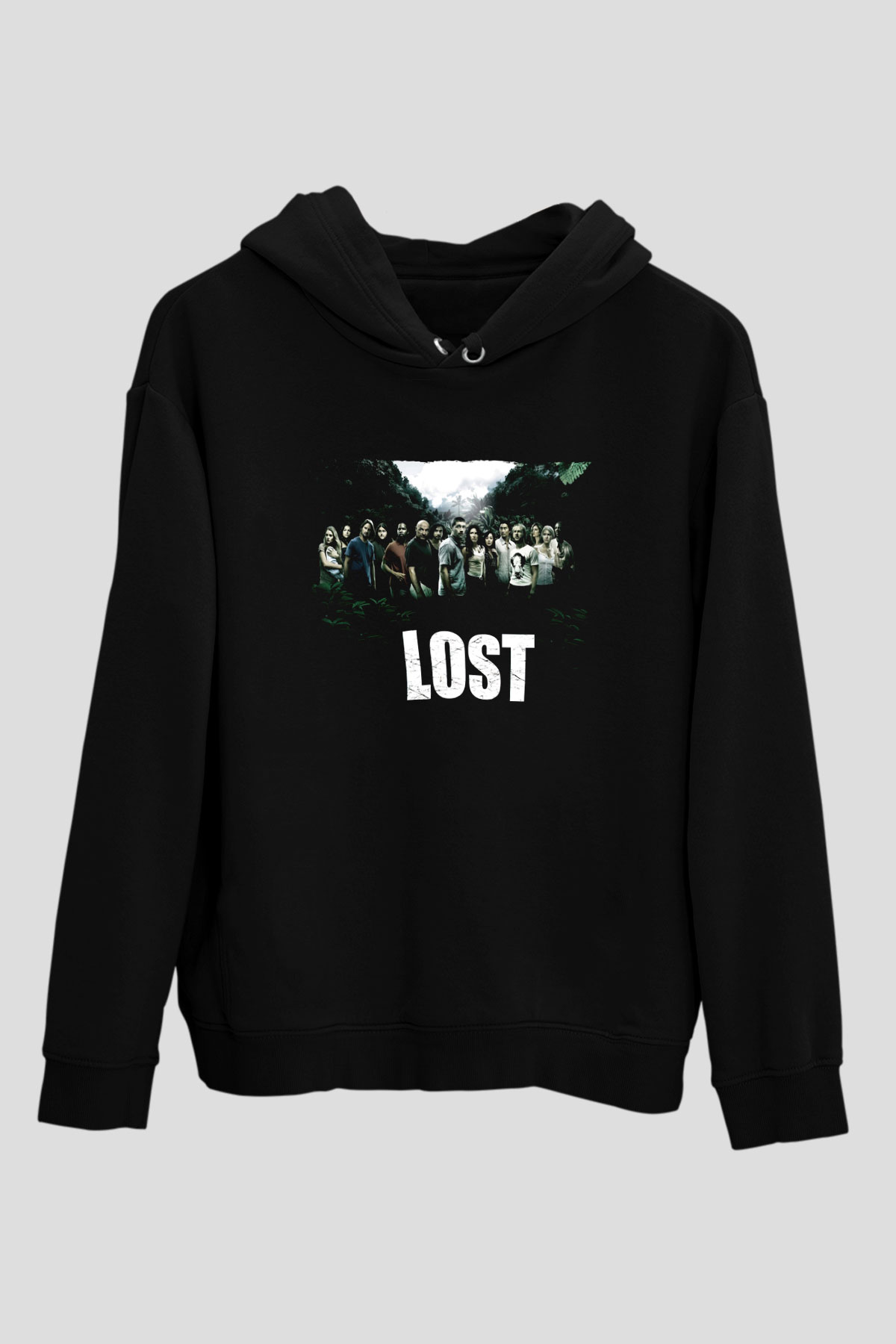 Unisex Lost Baskılı Siyah Kapüşonlu Sweatshirt