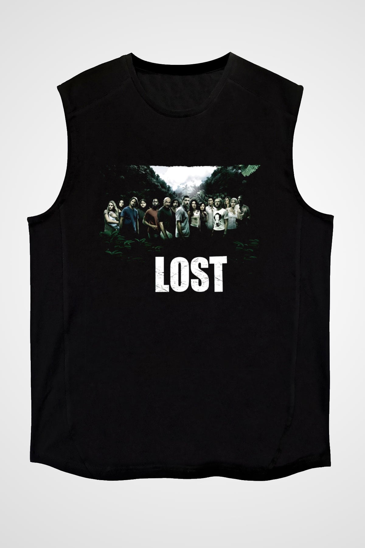 Unisex Lost Baskılı Siyah Kolsuz T-shirt