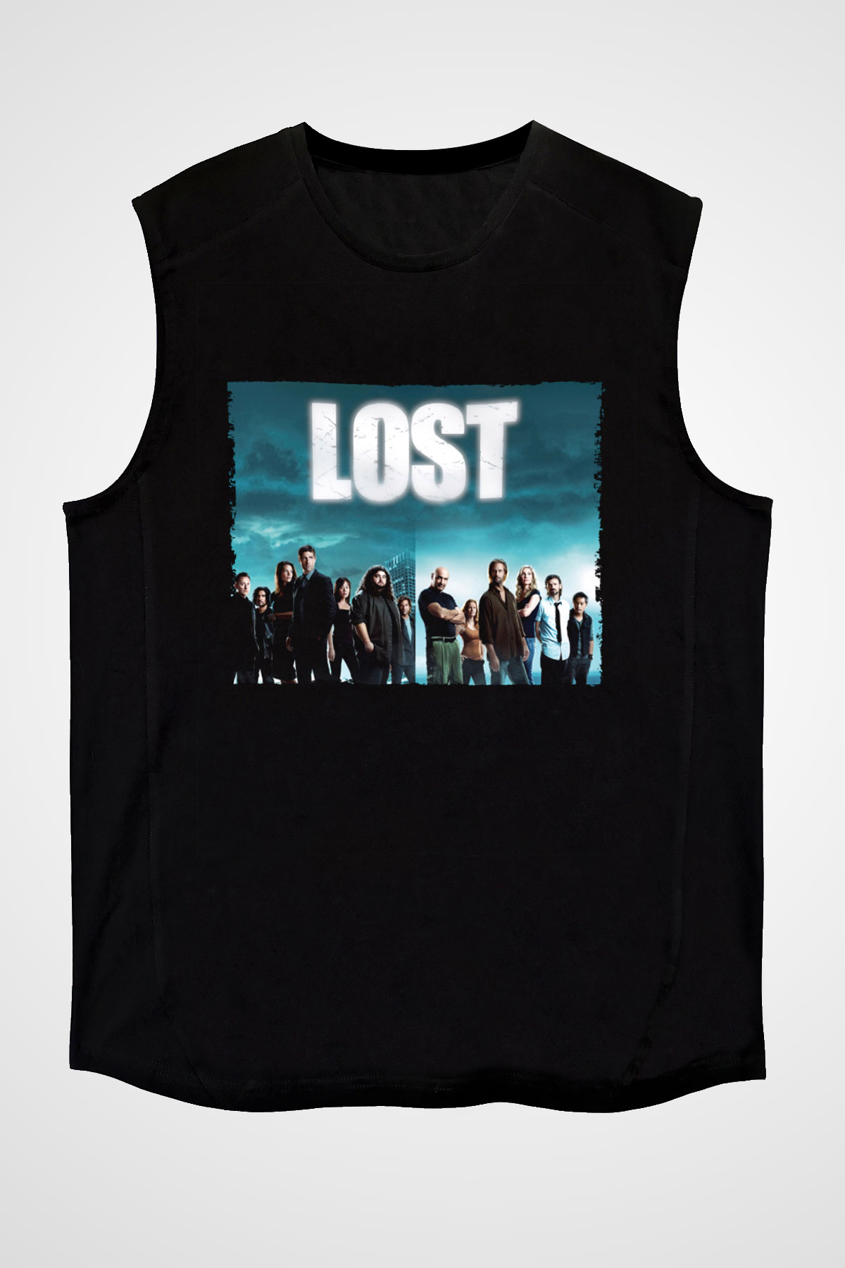 Unisex Lost Baskılı Siyah Kolsuz Tshirt