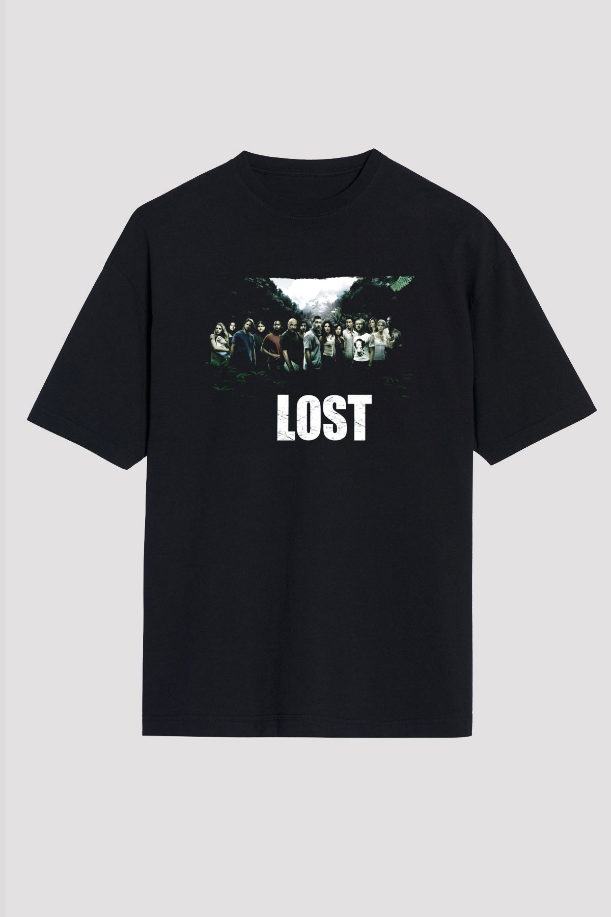 Unisex Lost Baskılı Siyah Oversize T-shirt