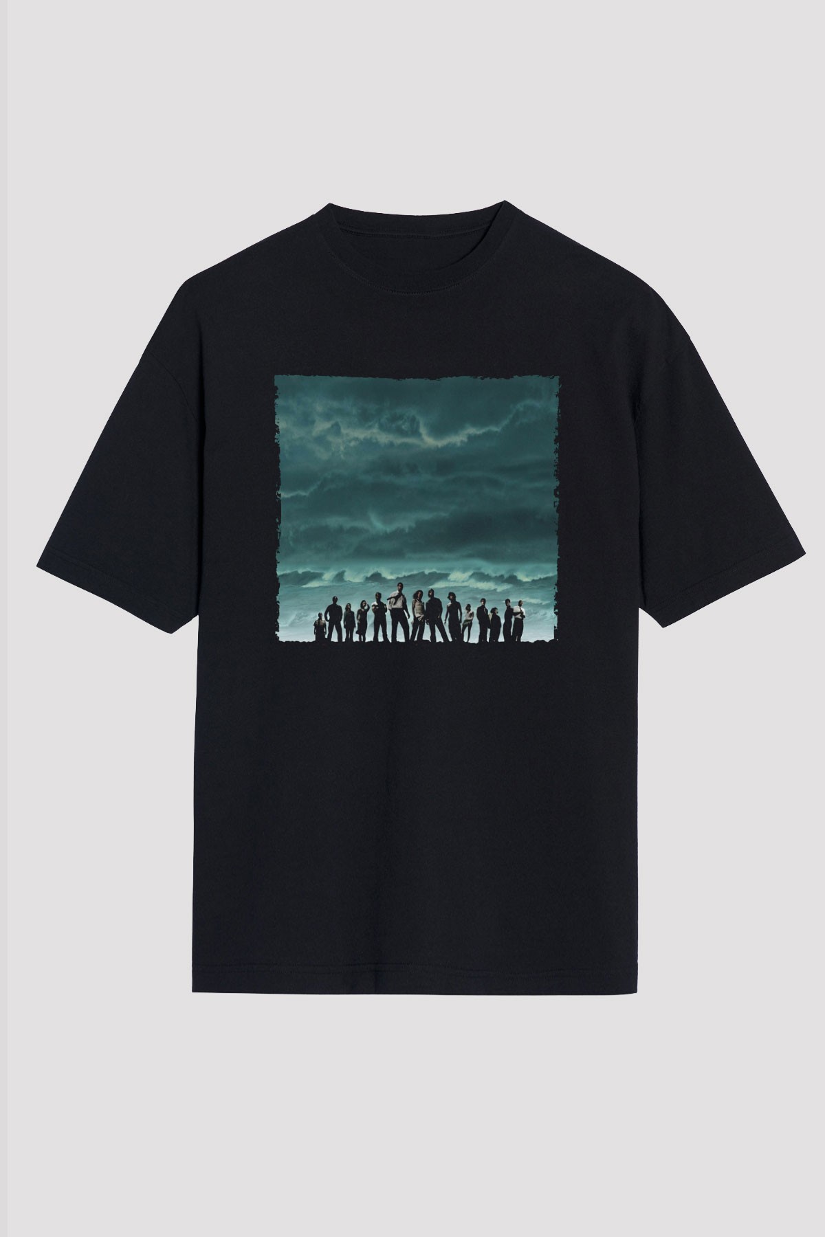 Unisex Lost Baskılı Siyah Oversize Tişört