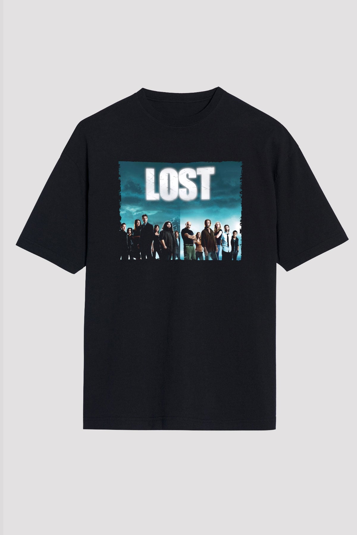 Unisex Lost Baskılı Siyah Oversize Tshirt