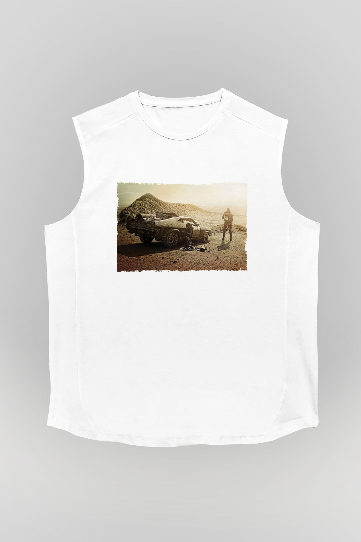 Unisex Mad Max Fury Road Baskılı Beyaz Kolsuz Tişört