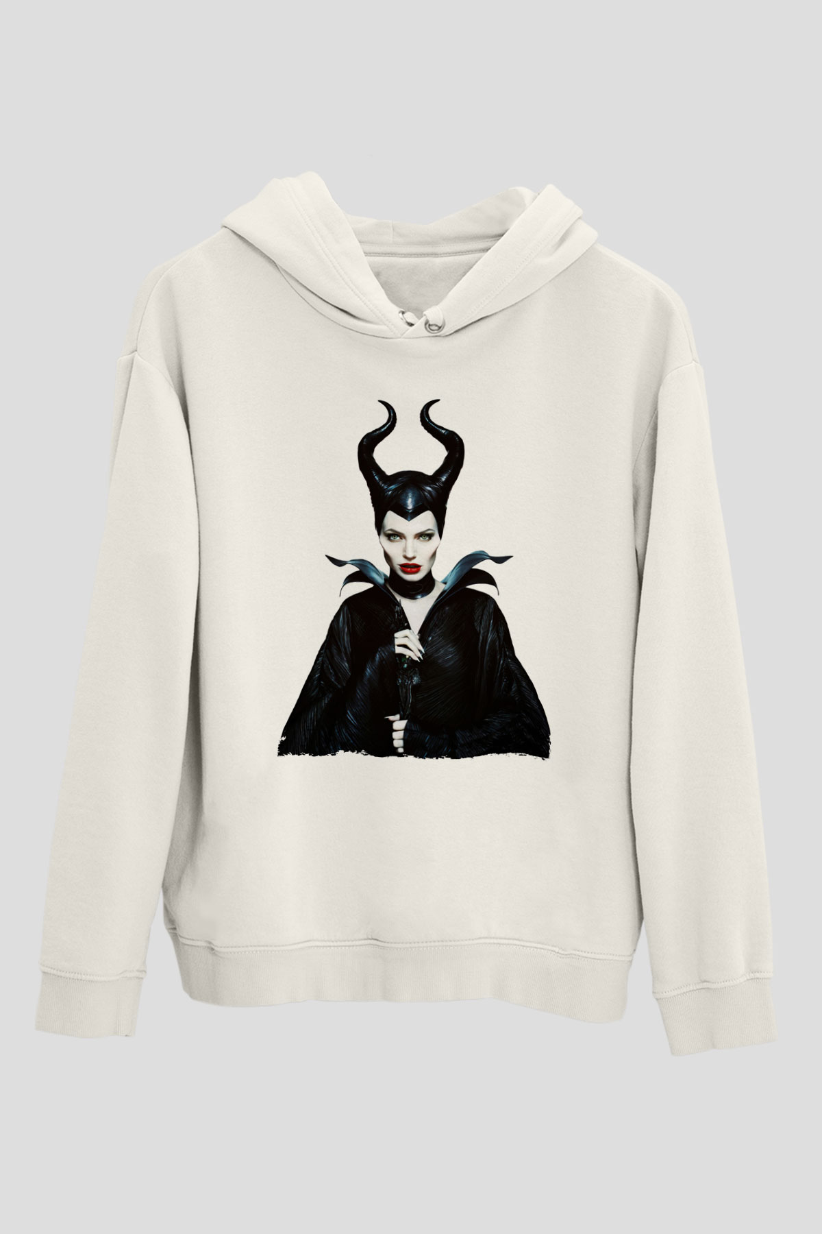 Unisex Malefiz (Maleficent) Baskılı Beyaz Kapüşonlu Sweatshirt