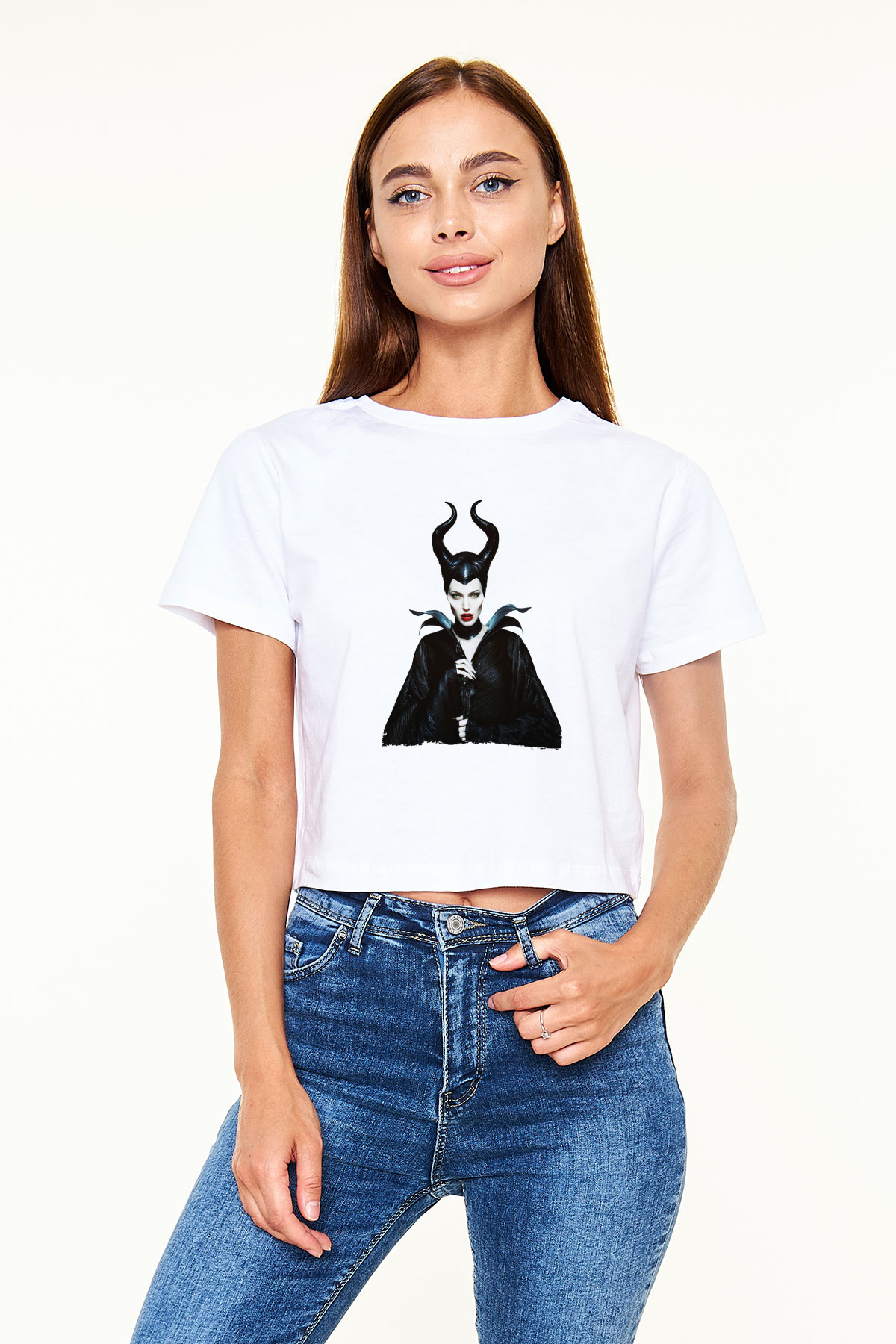 Unisex Malefiz (Maleficent) Baskılı Beyaz Crop Top Tshirt