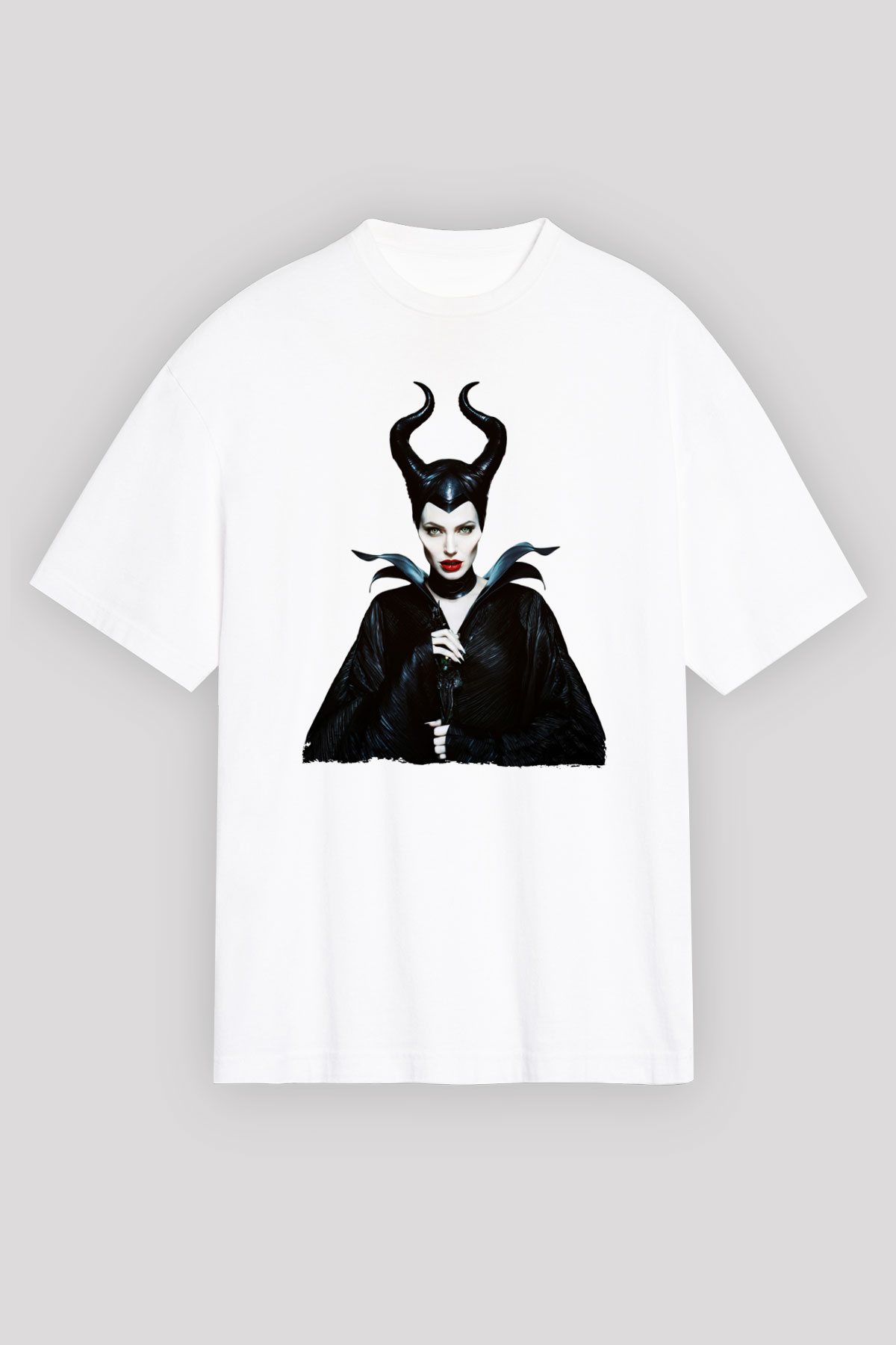 Unisex Malefiz (Maleficent) Baskılı Beyaz Oversize Oversize T-shirt