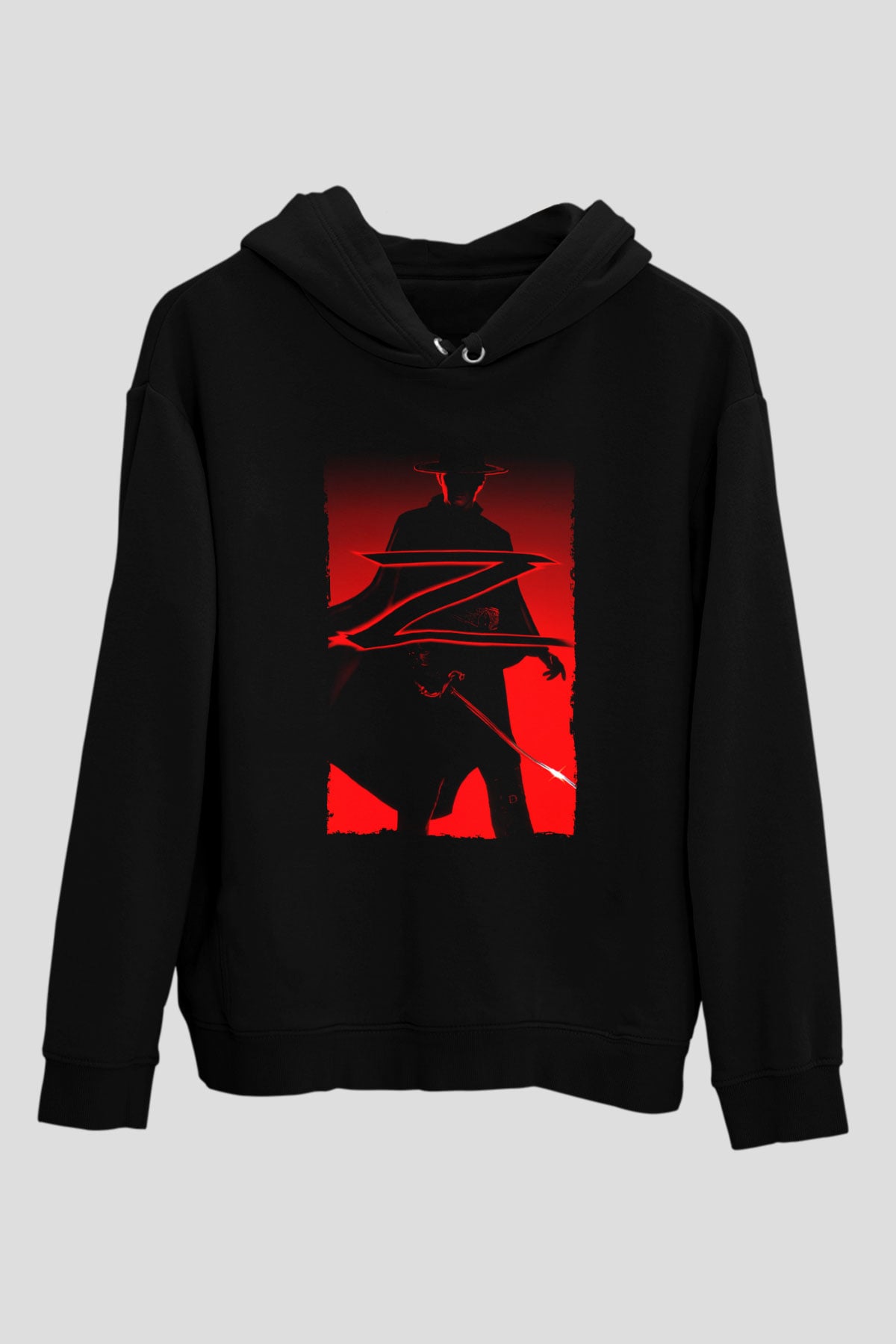 Unisex Maskeli Kahraman Zorro (The Mask of Zorro) Baskılı Siyah Kapüşonlu Sweatshirt