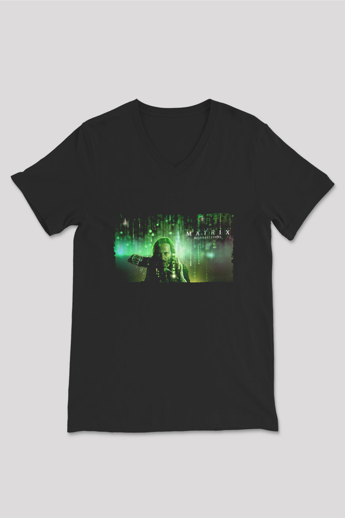 Unisex Matrix Resurrections (The Matrix Resurrections) Baskılı Siyah V Yaka T-shirt