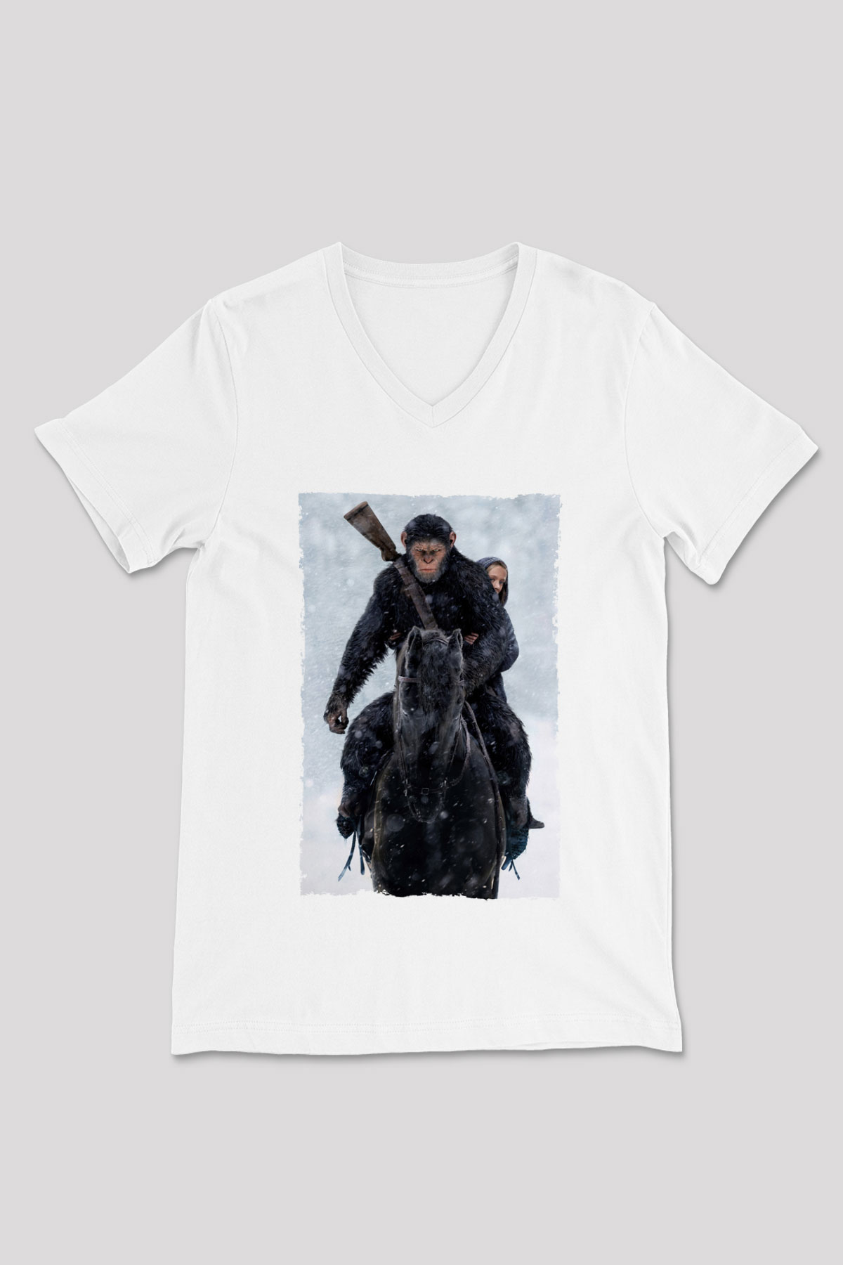 Unisex Maymunlar Cehennemi Savaş (War for the Planet of the Apes) Baskılı Beyaz V Yaka Tshirt