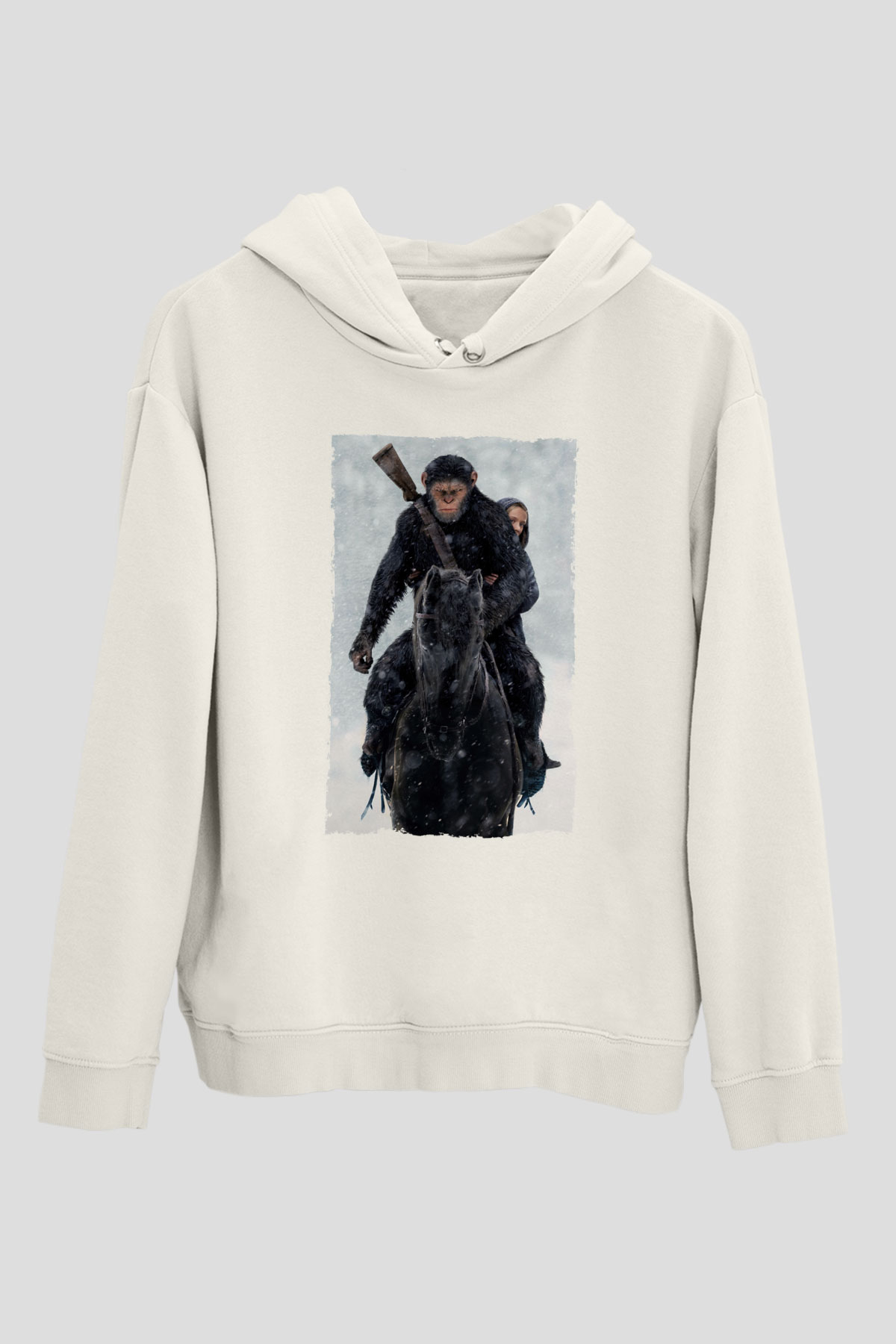 Unisex Maymunlar Cehennemi Savaş (War for the Planet of the Apes) Baskılı Beyaz Kapüşonlu Sweatshirt
