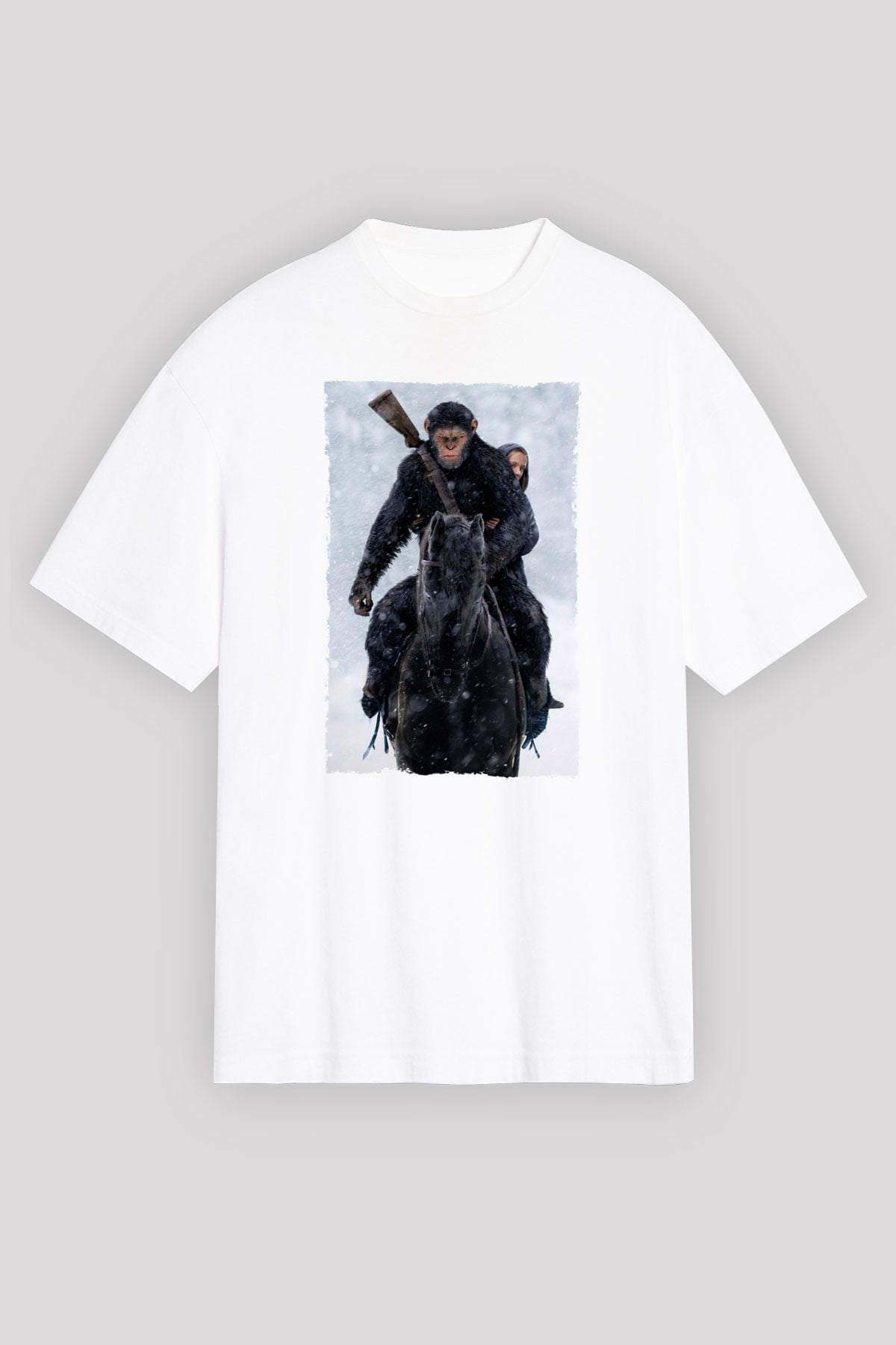 Unisex Maymunlar Cehennemi Savaş (War for the Planet of the Apes) Baskılı Beyaz Oversize Oversize T-shirt