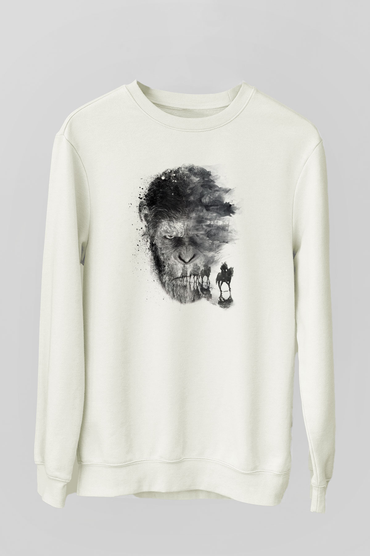 Unisex Maymunlar Cehennemi Savaş (War for the Planet of the Apes) Baskılı Beyaz Sweatshirt
