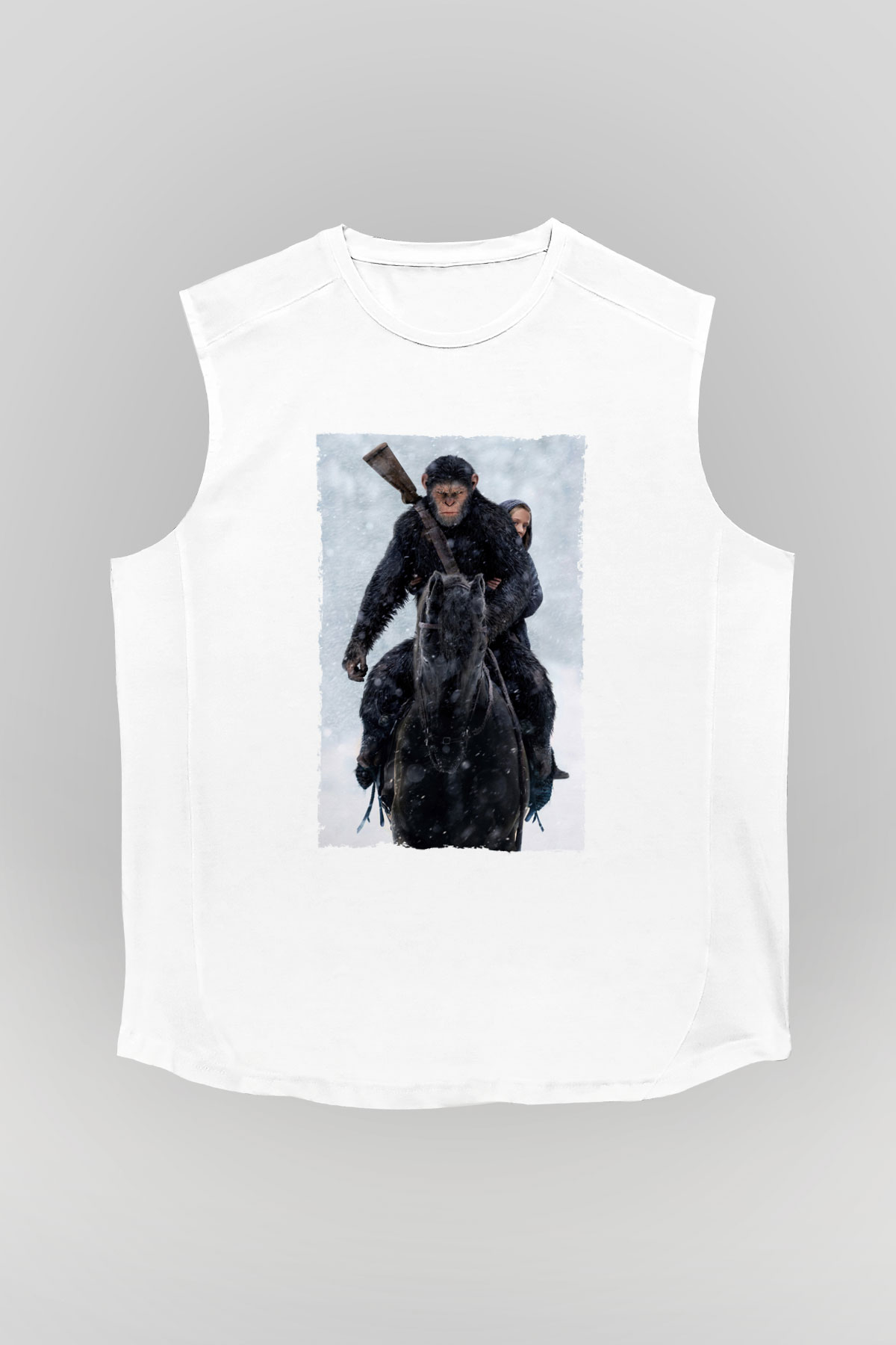 Unisex Maymunlar Cehennemi Savaş (War for the Planet of the Apes) Baskılı Beyaz Kolsuz Tshirt