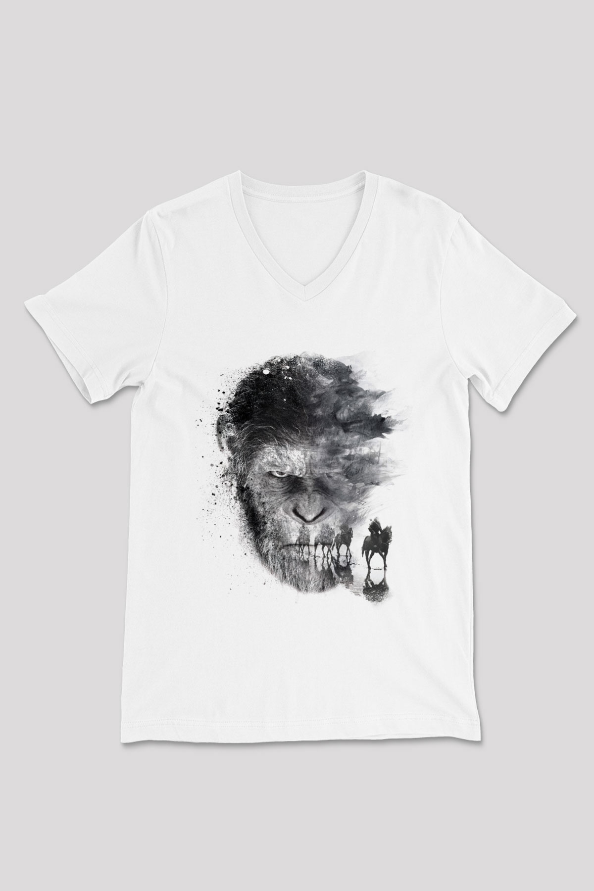 Unisex Maymunlar Cehennemi Savaş (War for the Planet of the Apes) Baskılı Beyaz V Yaka T-shirt