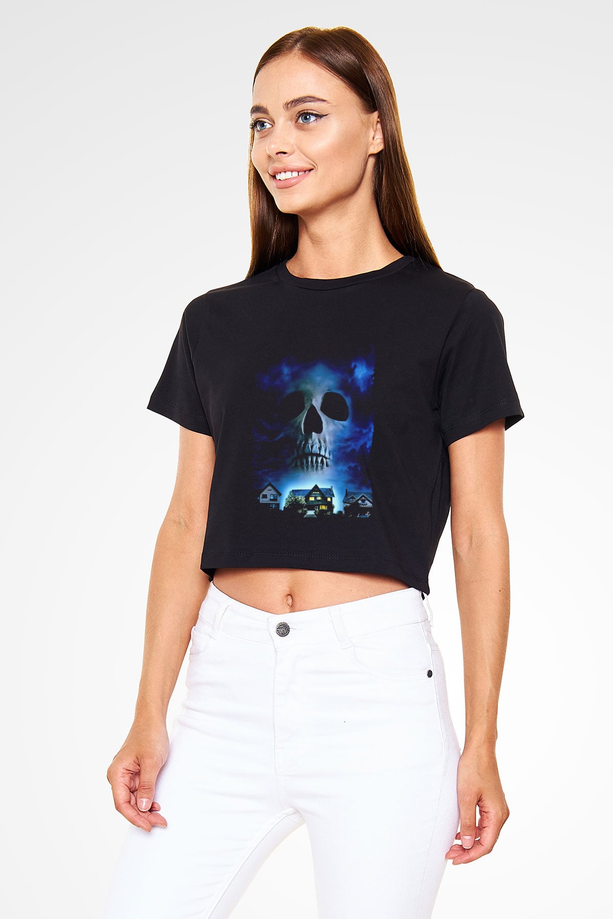 Unisex Merdiven Altındakiler (The People Under the Stairs) Baskılı Siyah Crop Top T-shirt