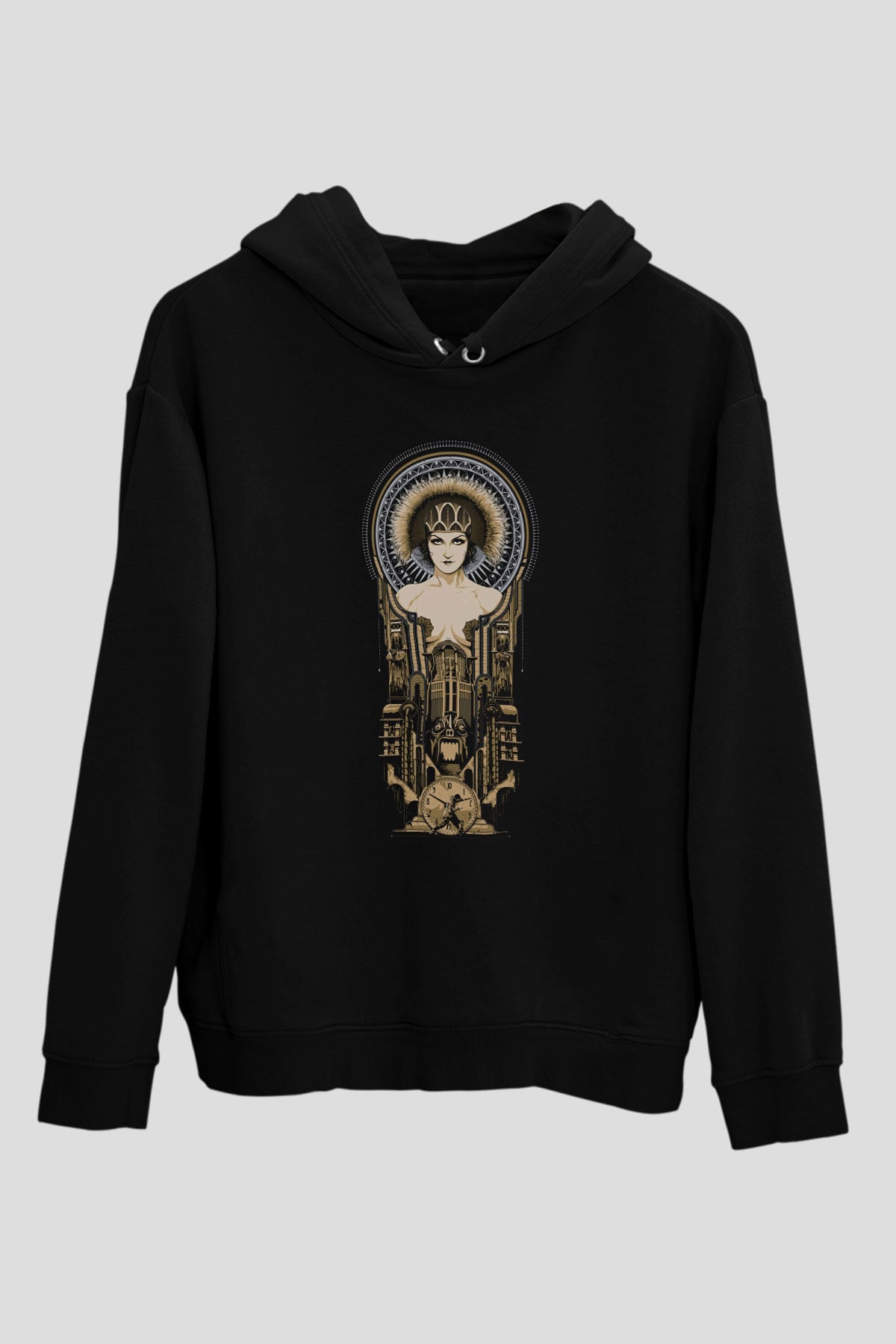 Unisex Metropolis Baskılı Siyah Kapüşonlu Sweatshirt