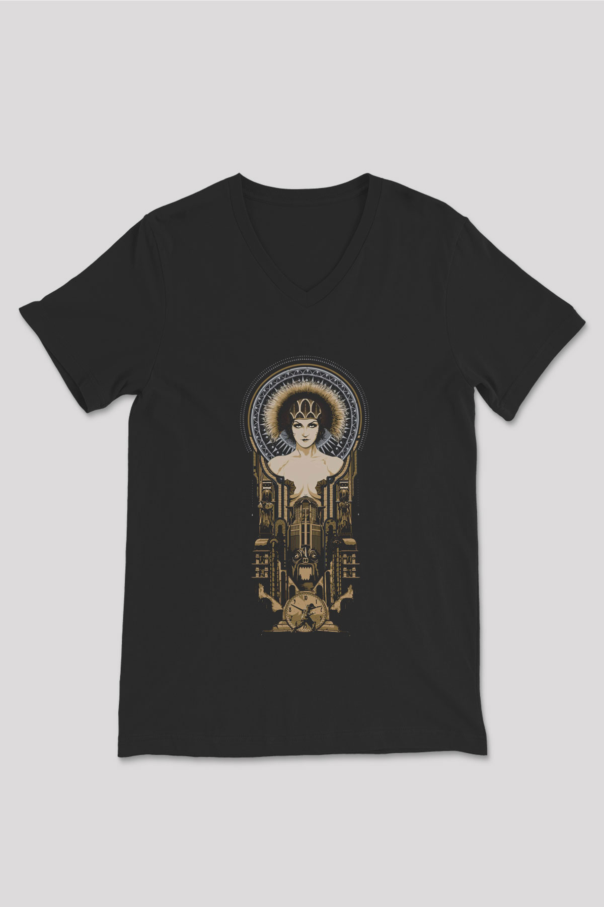 Unisex Metropolis Baskılı Siyah V Yaka Tshirt