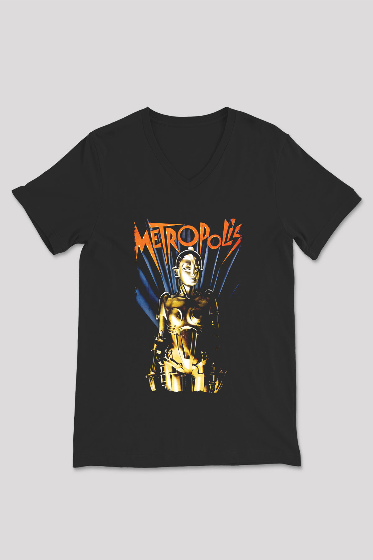 Unisex Metropolis Baskılı Siyah V Yaka Tişört