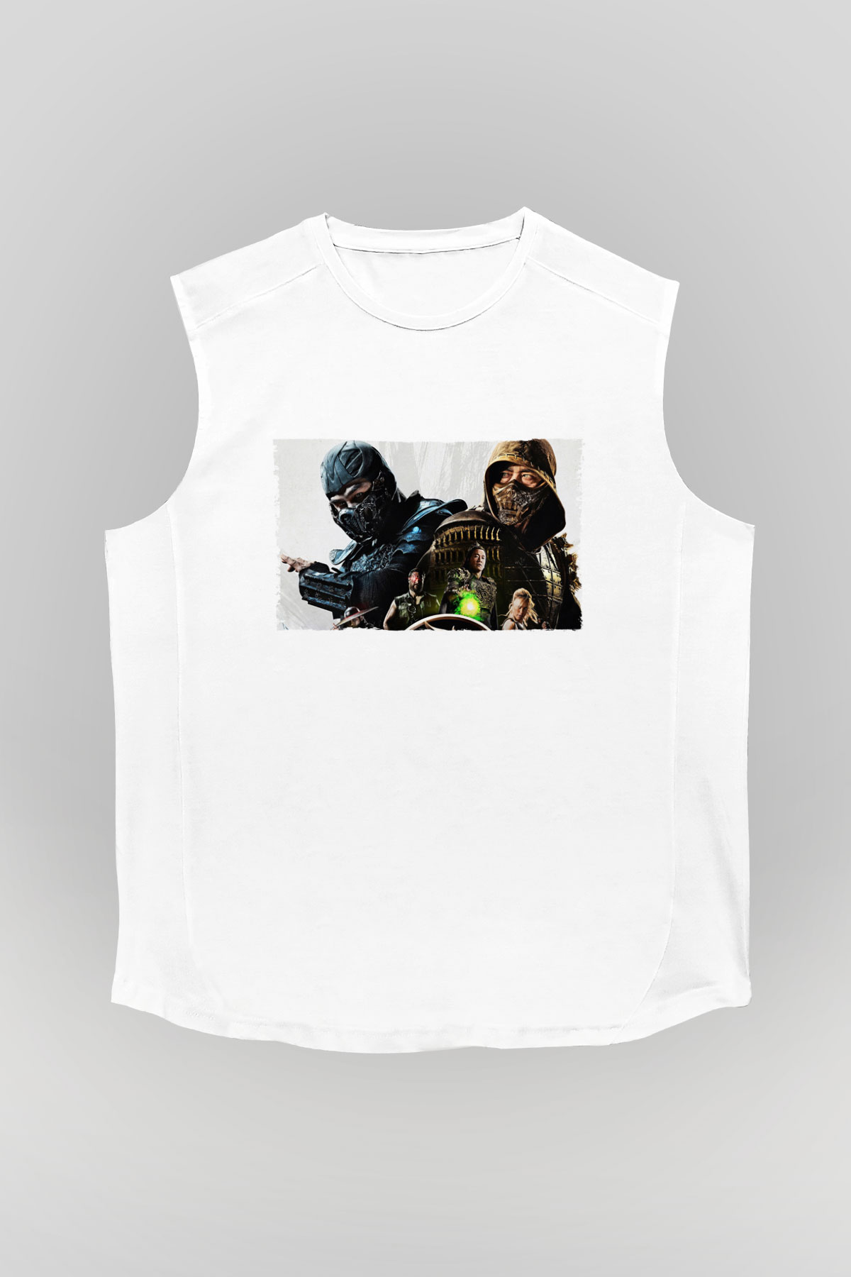 Unisex Mortal Kombat Baskılı Beyaz Kolsuz Tişört