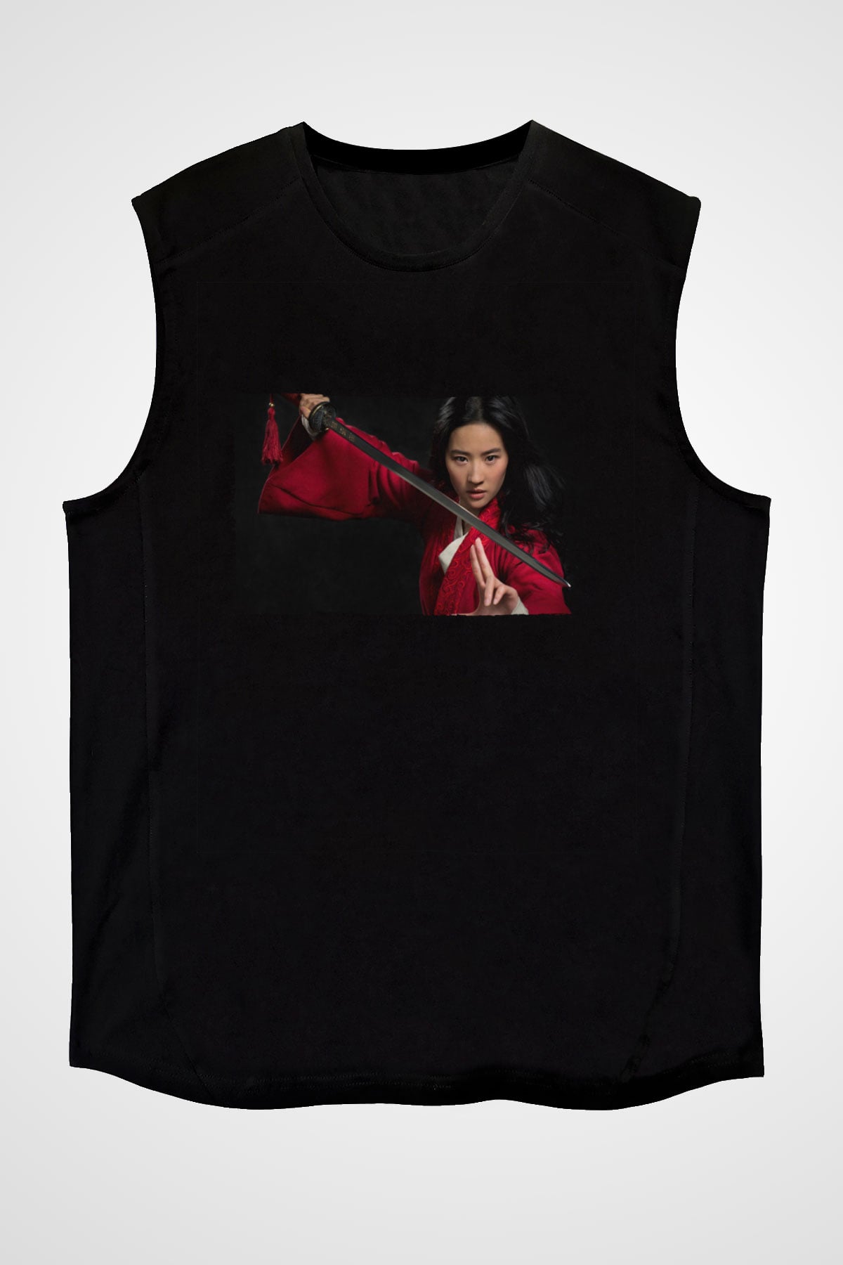 Unisex Mulan Baskılı Siyah Kolsuz Tshirt