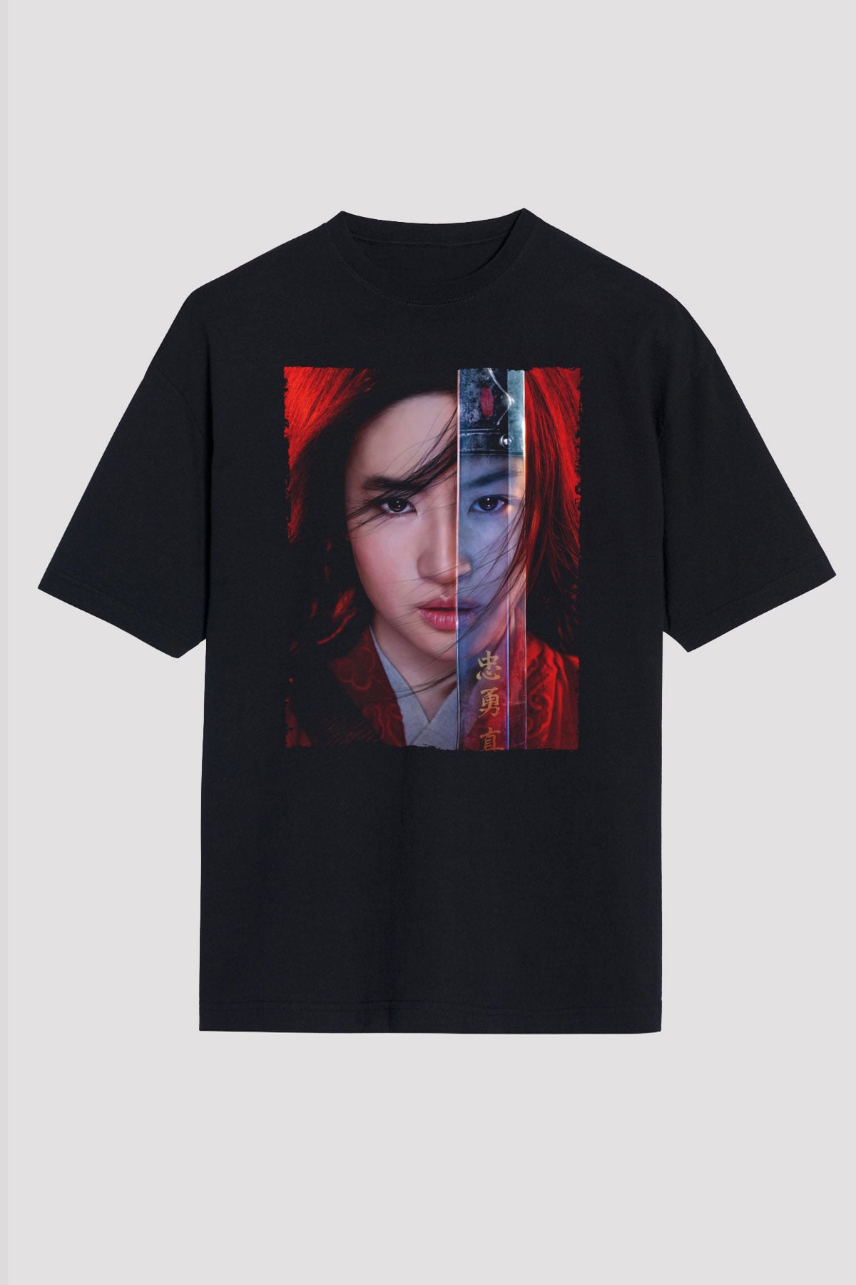 Unisex Mulan Baskılı Siyah Oversize T-shirt