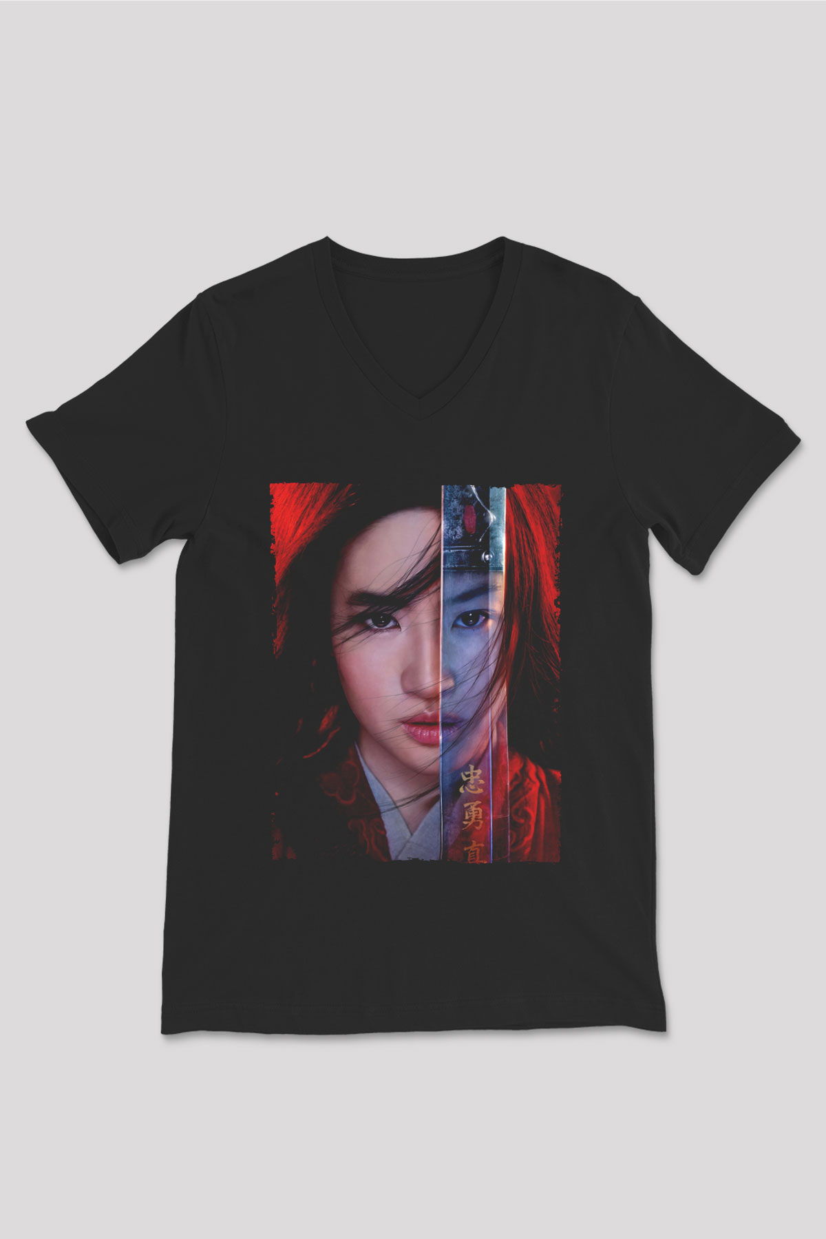 Unisex Mulan Baskılı Siyah V Yaka T-shirt