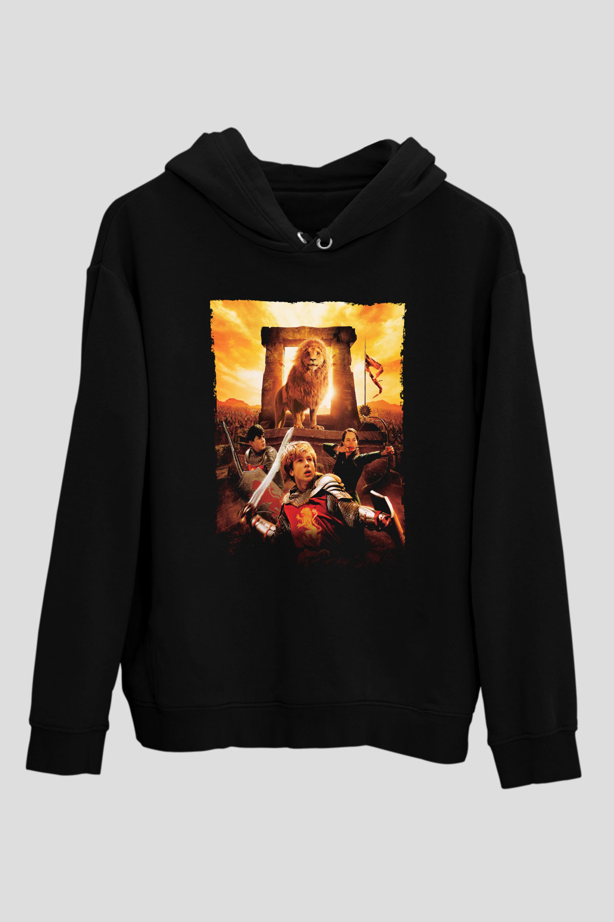 Unisex Narnia Günlükleri Aslan, Cadı ve Dolap (The Chronicles of Narnia The Lion, the Witch and the Wardrobe) Baskılı Siyah Kapüşonlu Sweatshirt