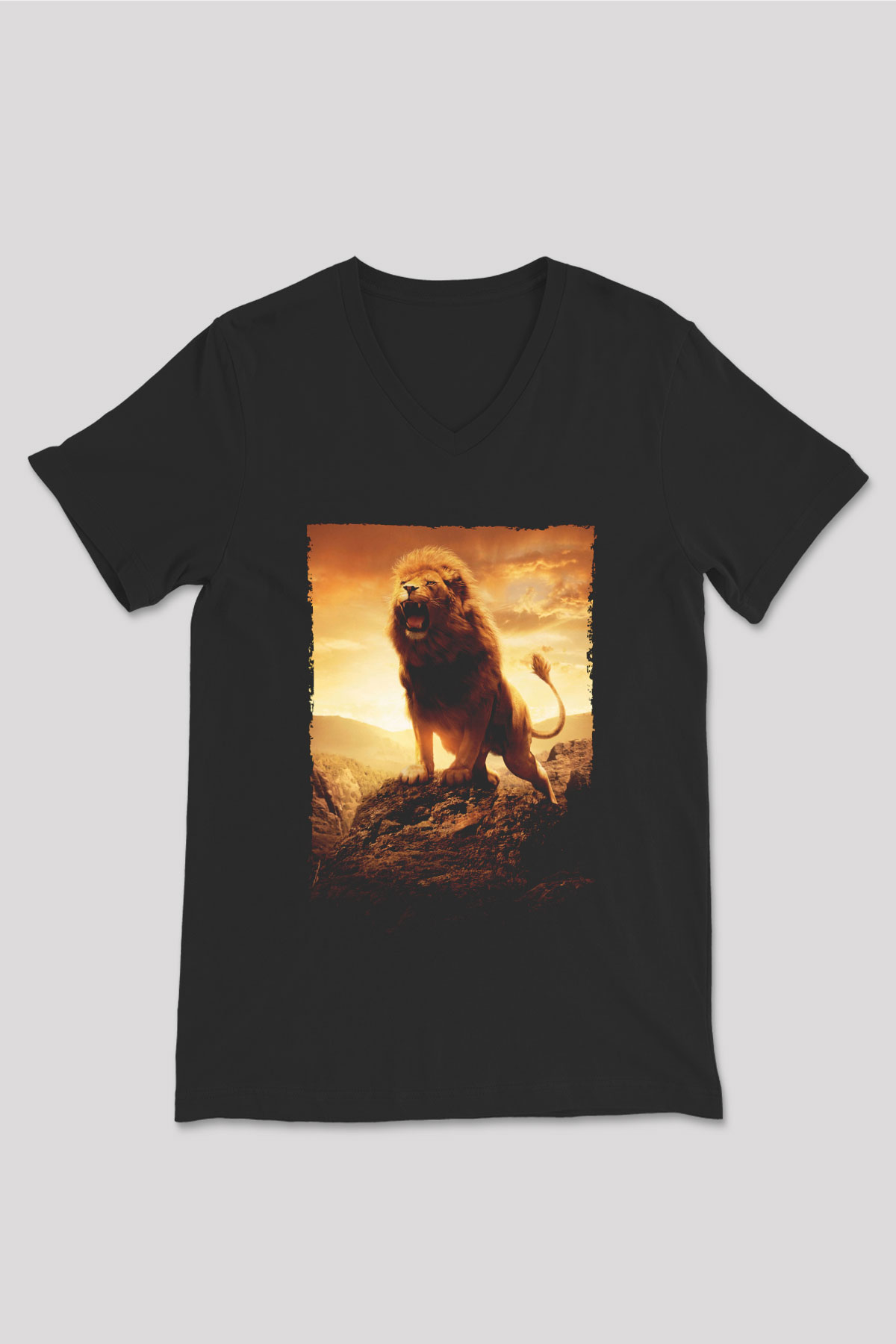 Unisex Narnia Günlükleri Aslan, Cadı ve Dolap (The Chronicles of Narnia The Lion, the Witch and the Wardrobe) Baskılı Siyah V Yaka Tshirt
