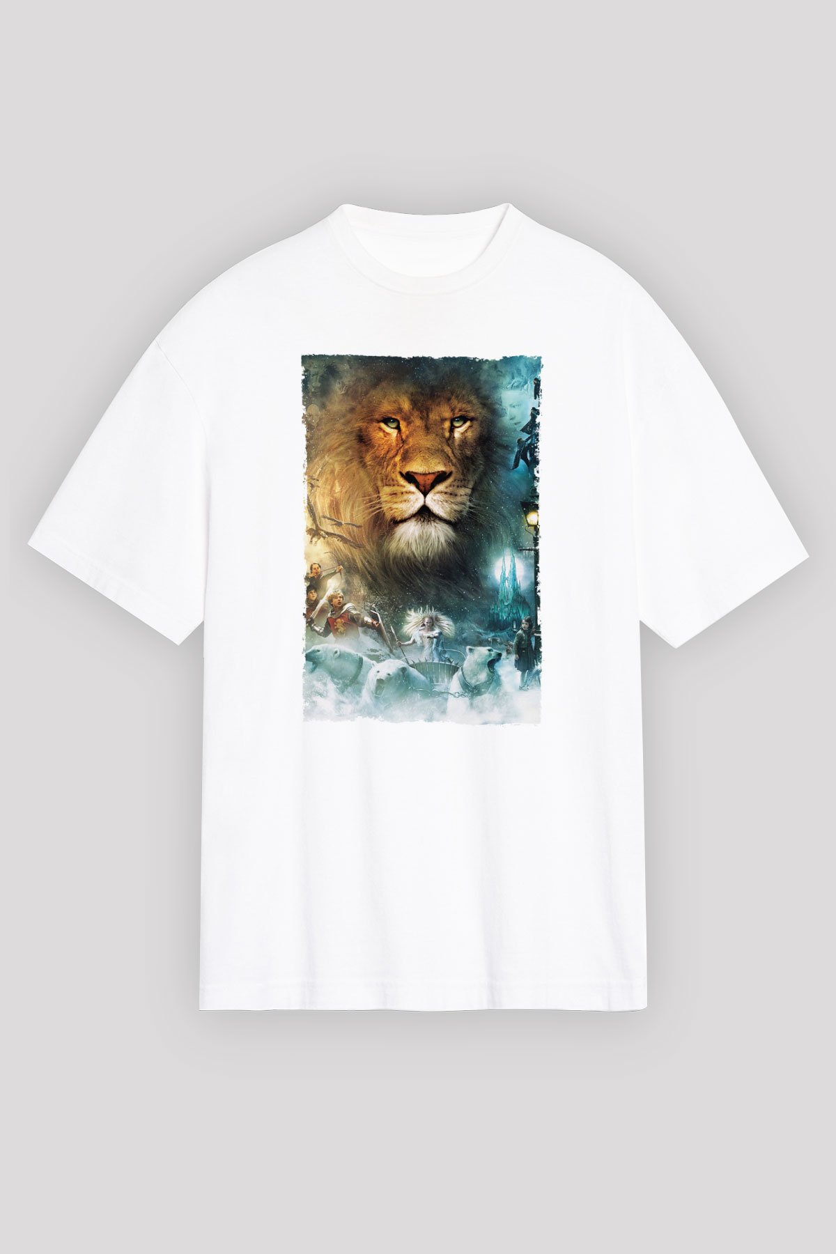 Unisex Narnia Günlükleri Aslan, Cadı ve Dolap Baskılı Beyaz Oversize Tişört