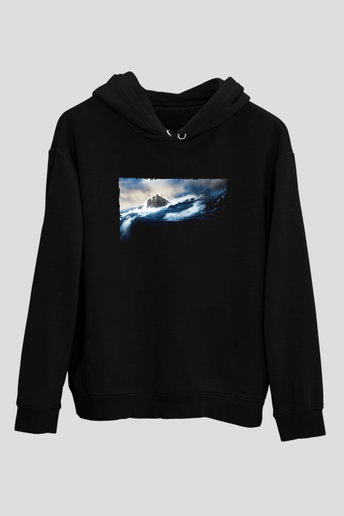 Unisex Nuh (Noah) Baskılı Siyah Kapüşonlu Sweatshirt