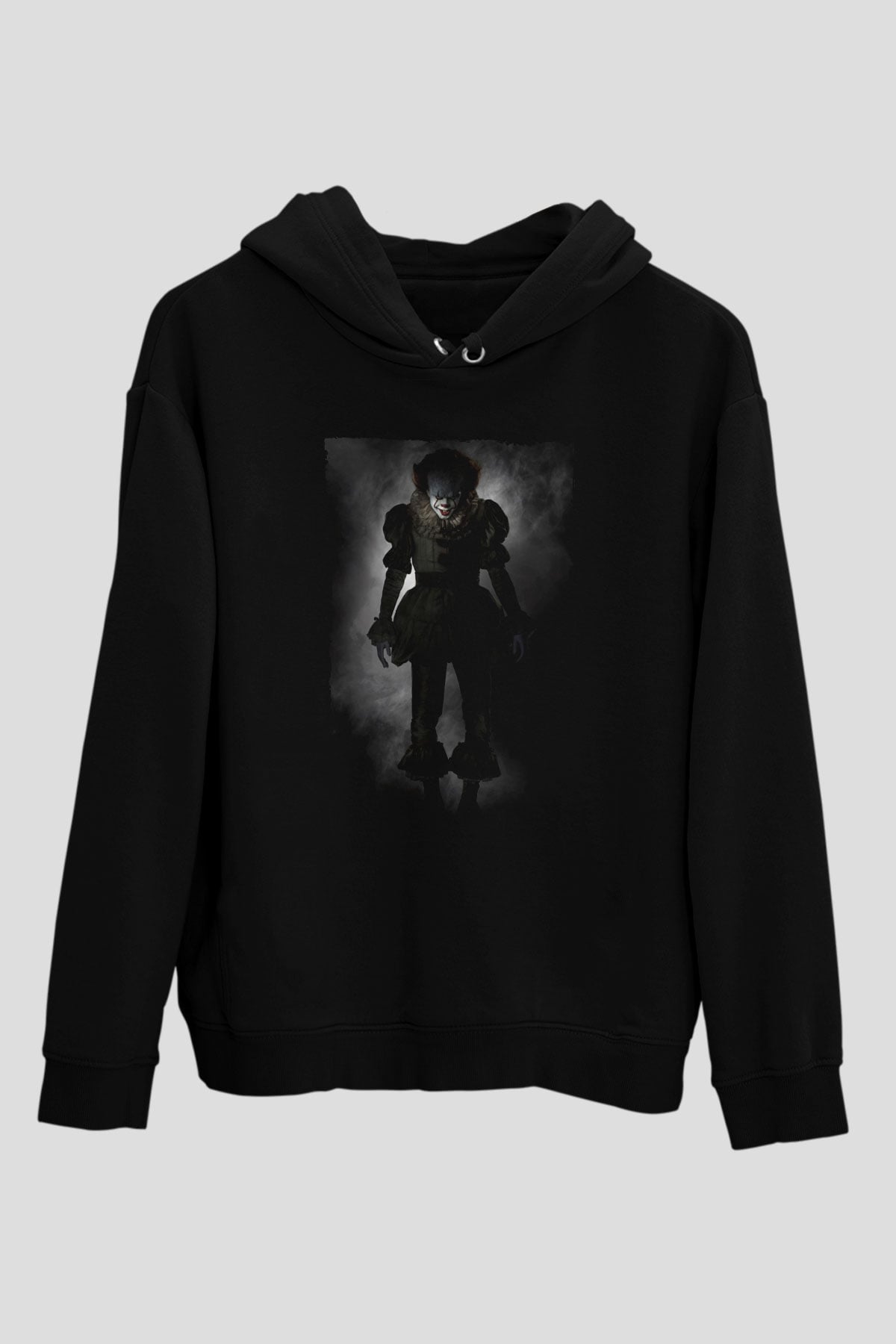 Unisex O (IT) Baskılı Siyah Kapüşonlu Sweatshirt