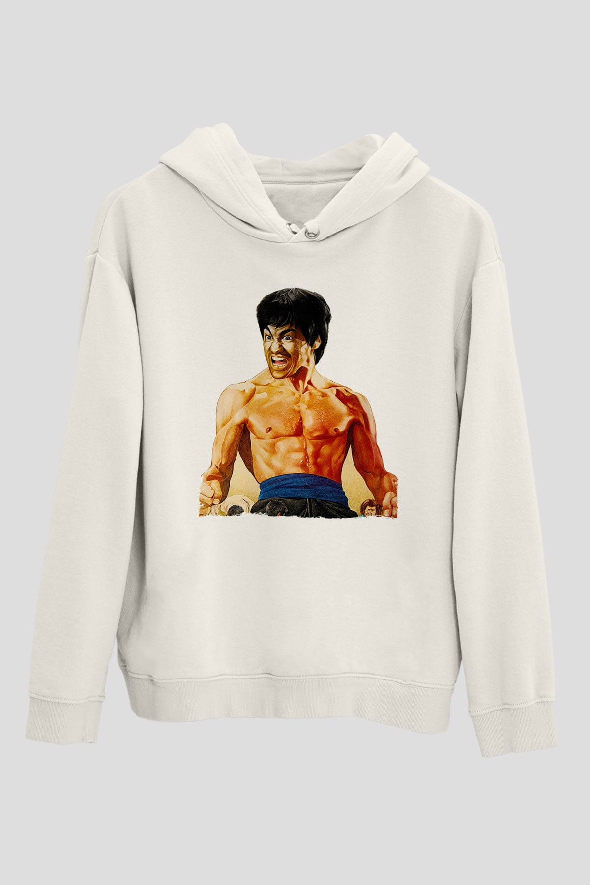 Unisex Öfkenin Yumruğu (Fist of Fury) Baskılı Beyaz Kapüşonlu Sweatshirt