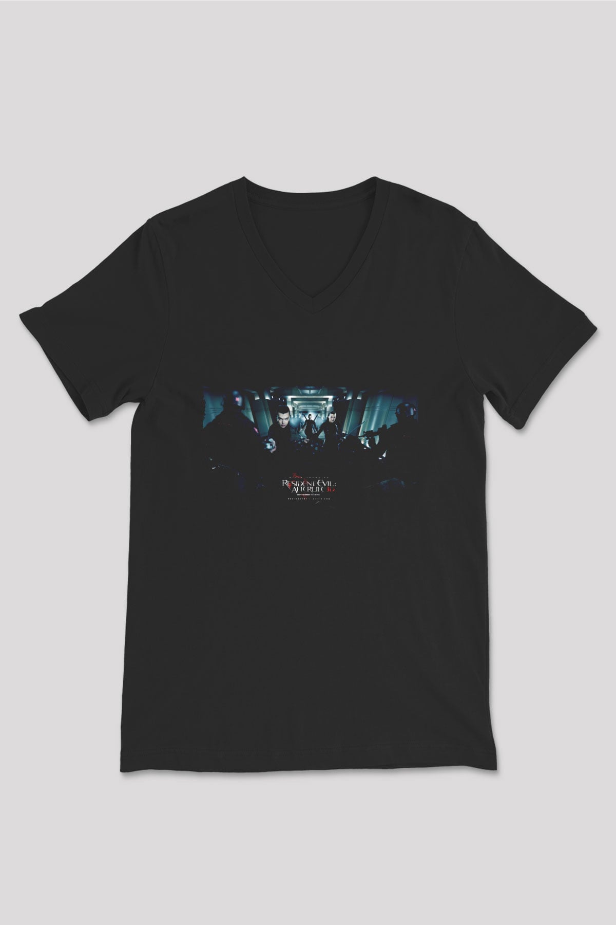 Unisex Ölümcül Deney Ölümden Sonra (Resident Evil Afterlife) Baskılı Siyah V Yaka Tişört