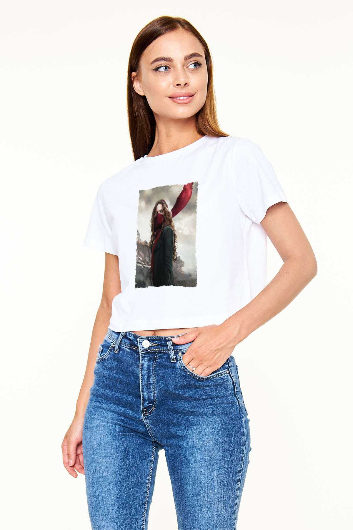 Unisex Ölümcül Makineler (Mortal Engines) Baskılı Beyaz Crop Top Tişört