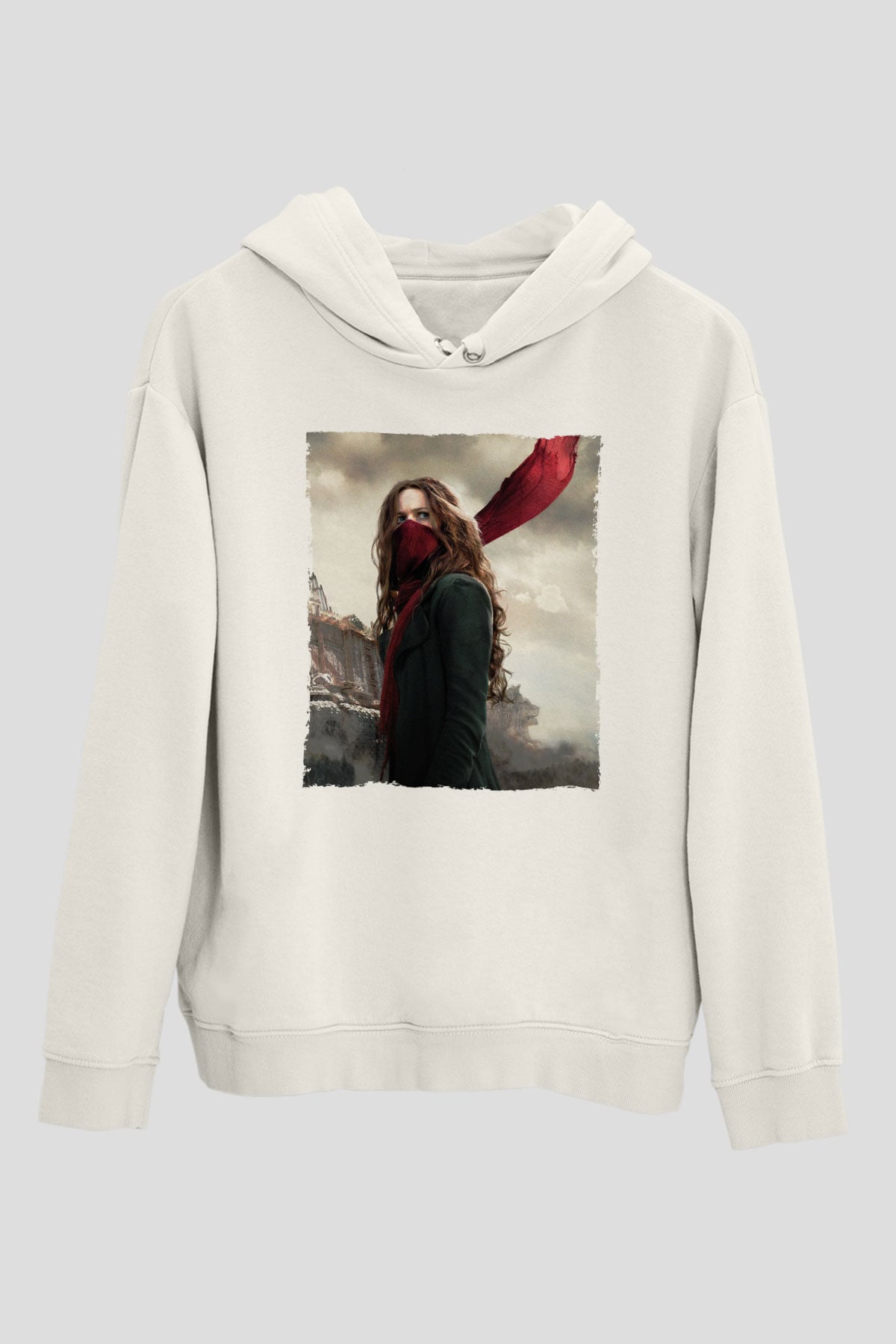 Unisex Ölümcül Makineler (Mortal Engines) Baskılı Beyaz Kapüşonlu Sweatshirt