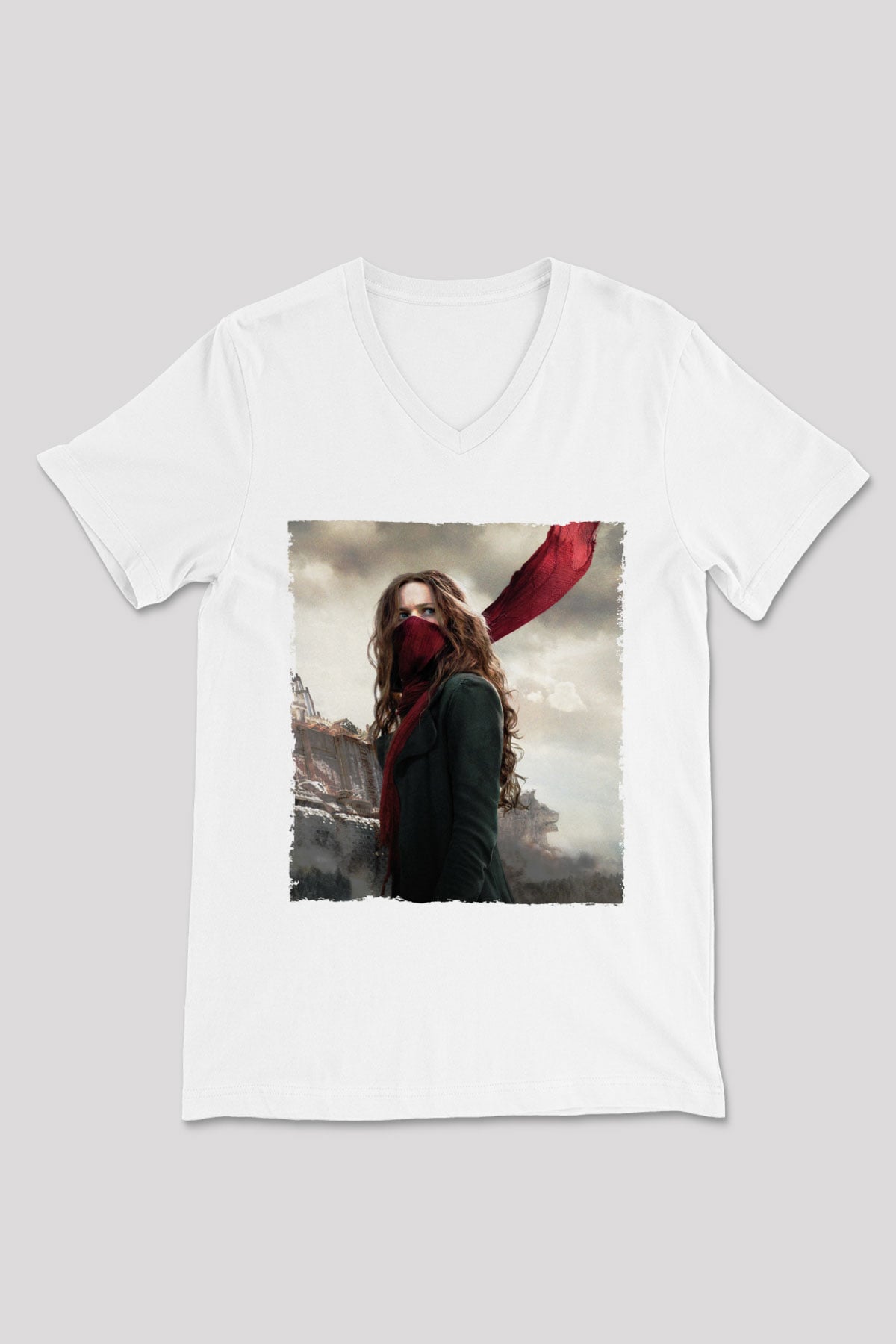 Unisex Ölümcül Makineler (Mortal Engines) Baskılı Beyaz V Yaka Tişört