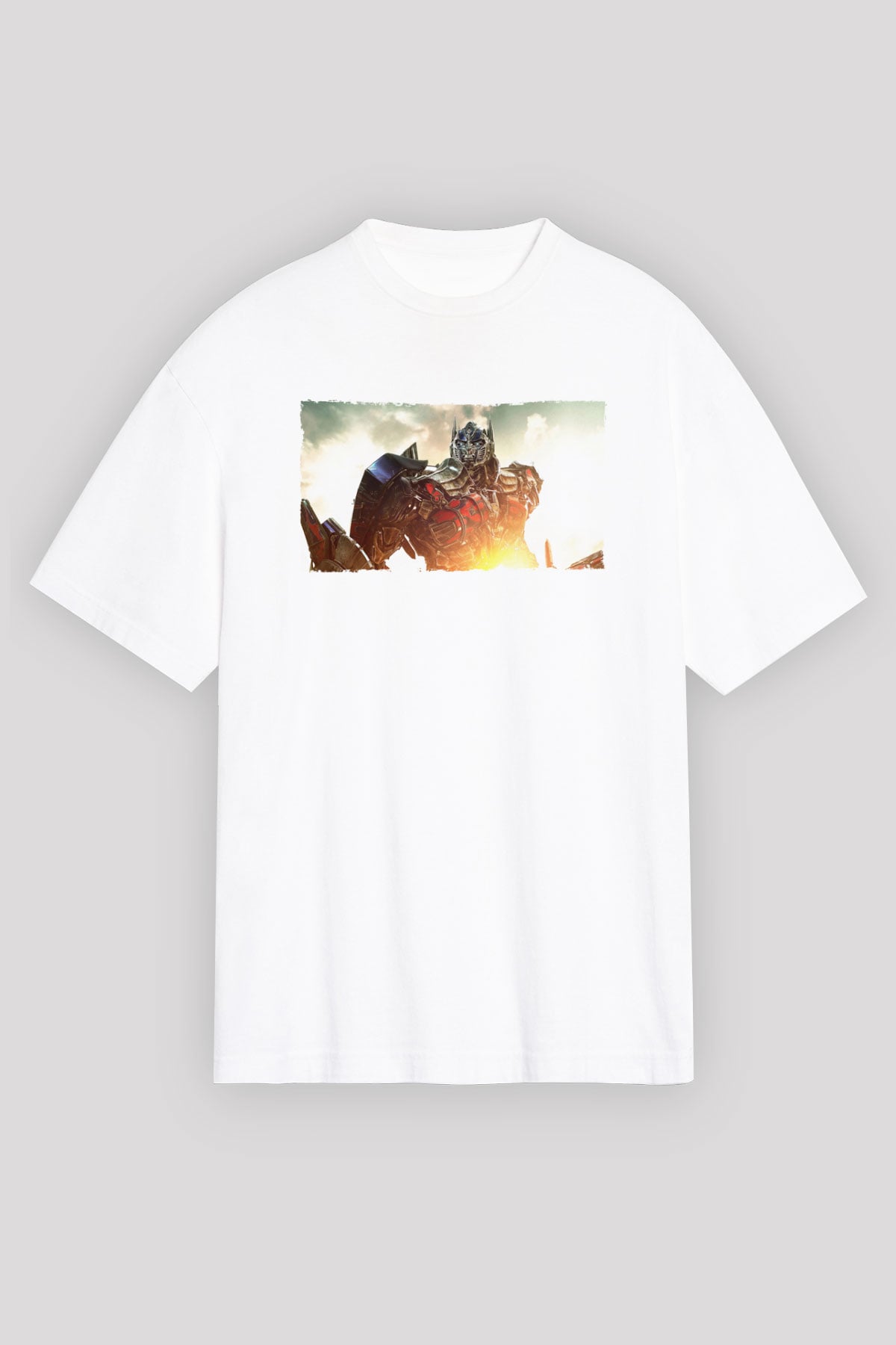 Unisex Optimus Prime Baskılı Beyaz Oversize Tişört